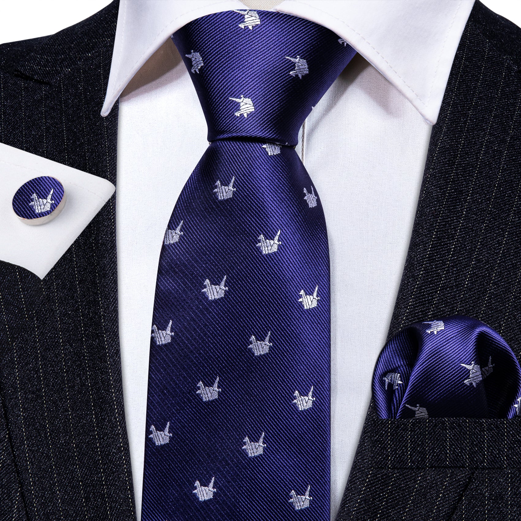 Blue White Cranes Print Silk Tie Handkerchief Cufflinks Set