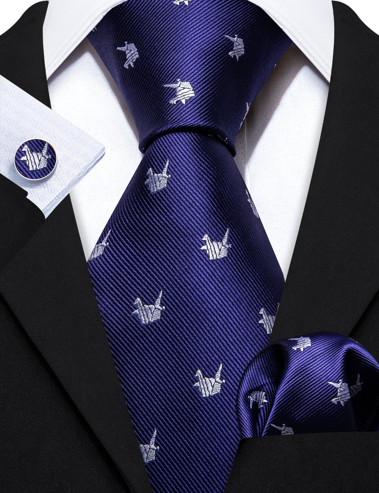 Blue White Cranes Print Silk Tie Handkerchief Cufflinks Set