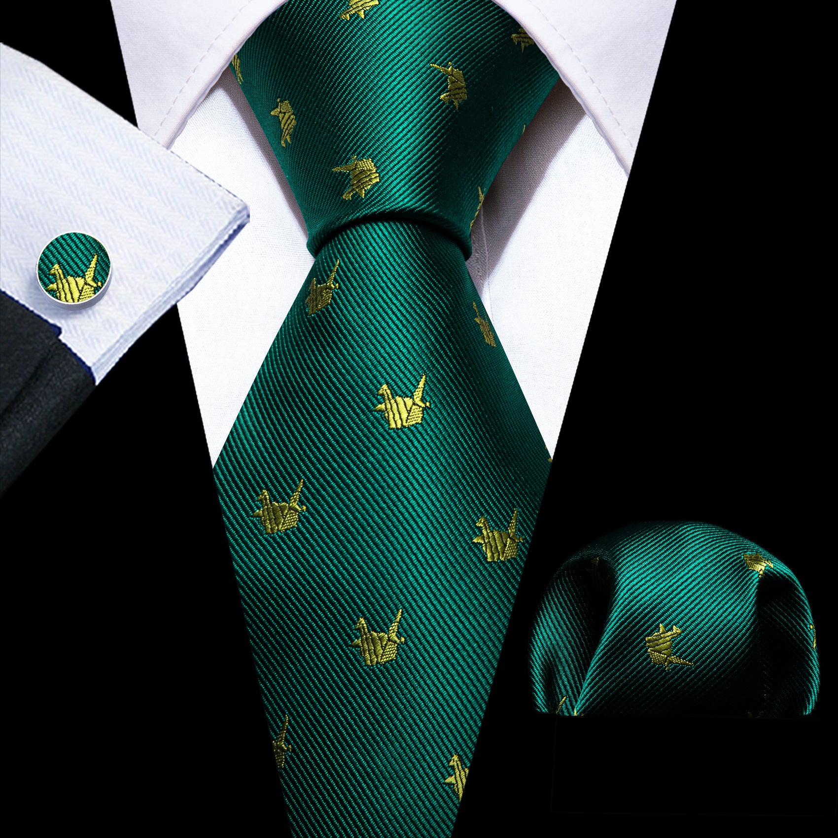 Green Yellow Cranes Print Silk Tie Handkerchief Cufflinks Set