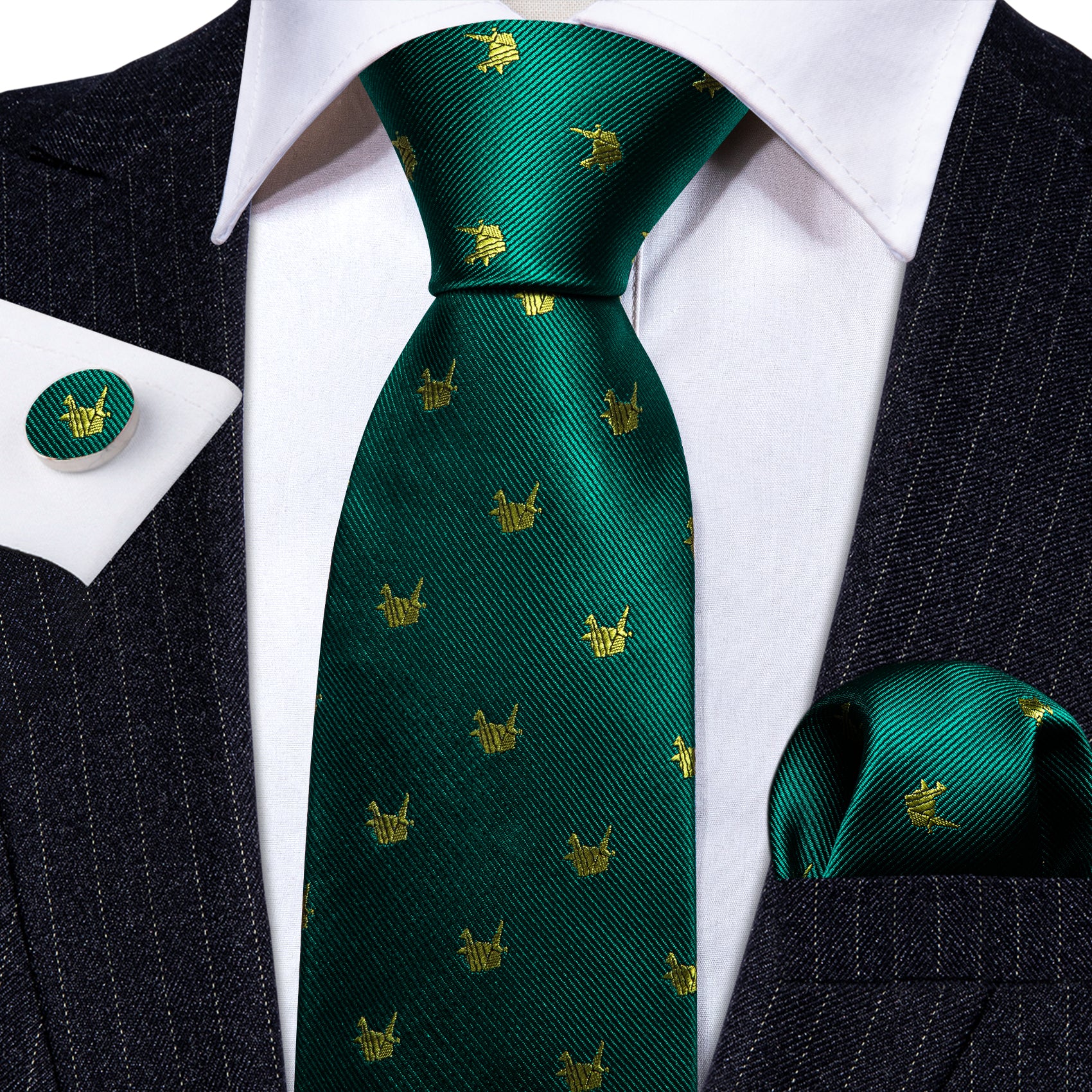 Green Yellow Cranes Print Silk Tie Handkerchief Cufflinks Set