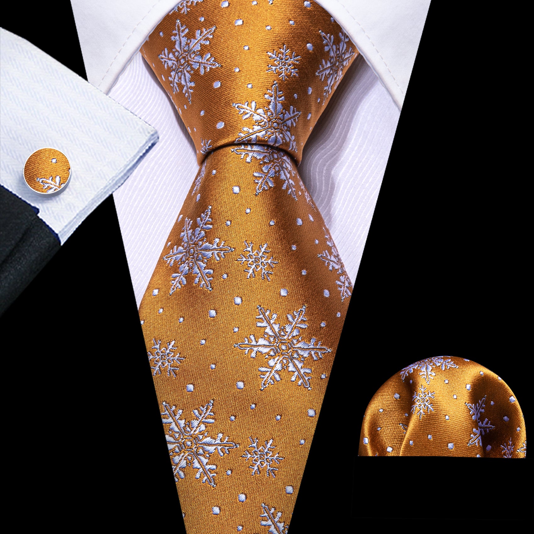 Christmas Orange White Snowflake Tie Handkerchief Cufflinks Set
