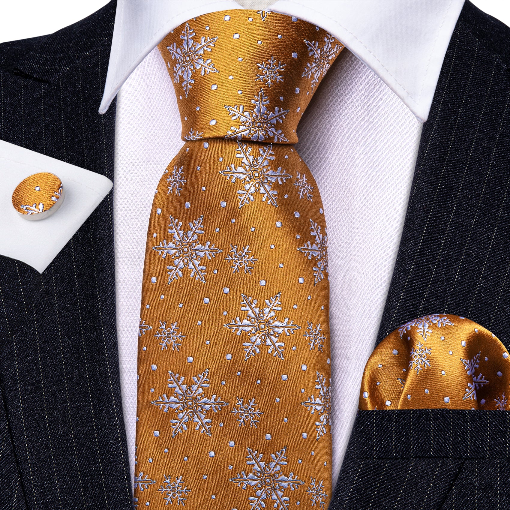 Christmas Orange White Snowflake Tie Handkerchief Cufflinks Set