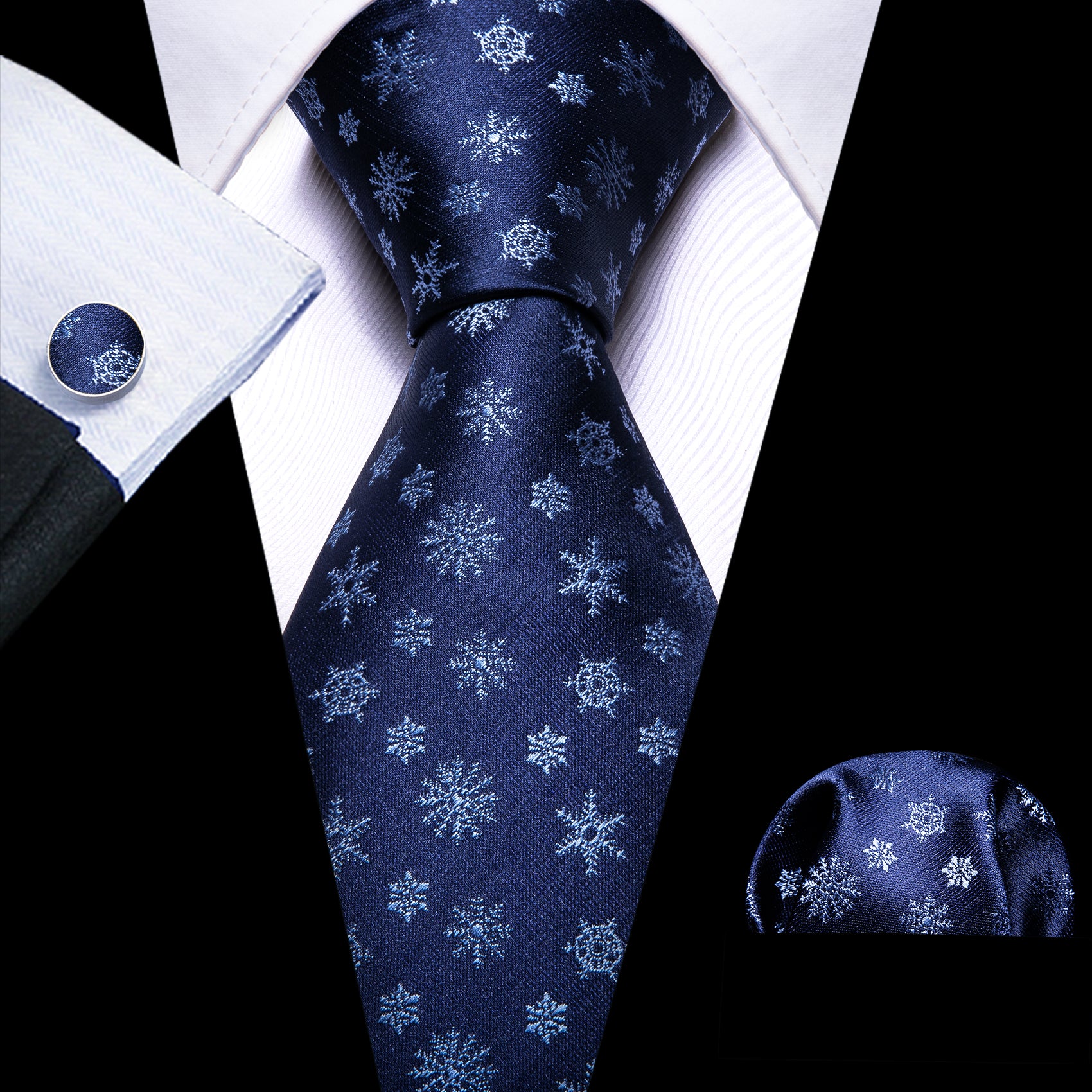 Navy Blue White Christmas Elements Tie Handkerchief Cufflinks Set