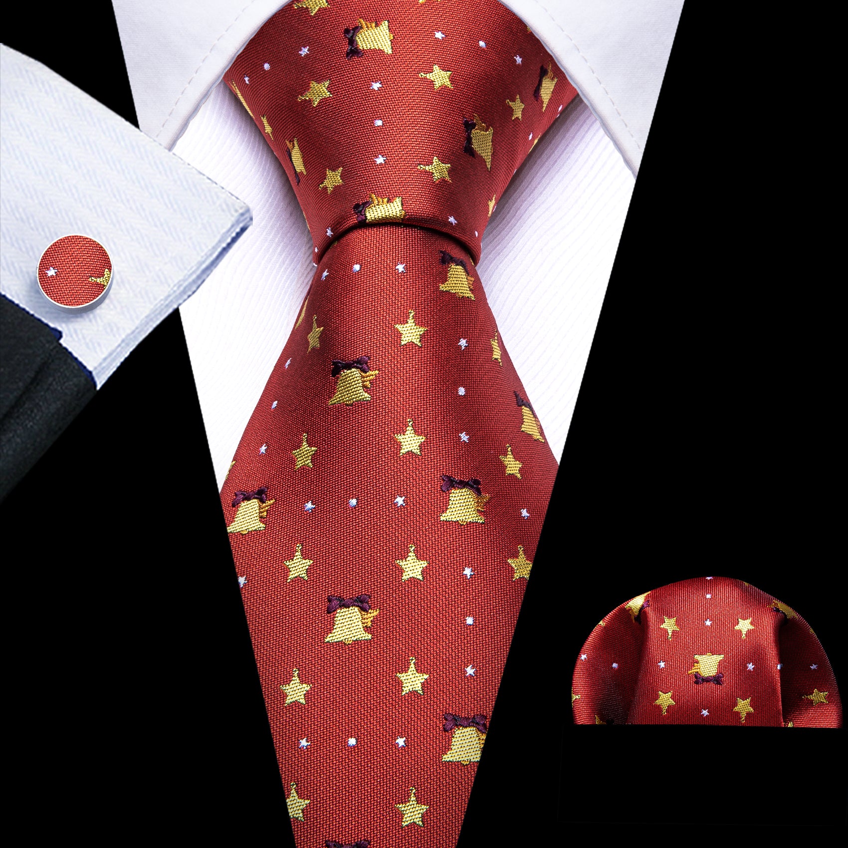 Christmas Red Gold Bell Tie Handkerchief Cufflinks Set