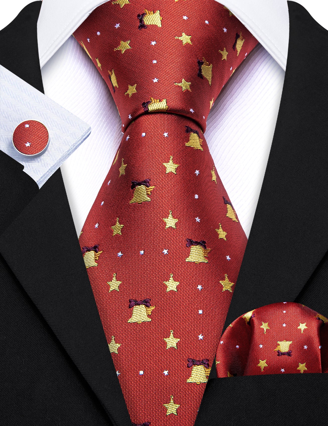 Christmas Red Gold Bell Tie Handkerchief Cufflinks Set