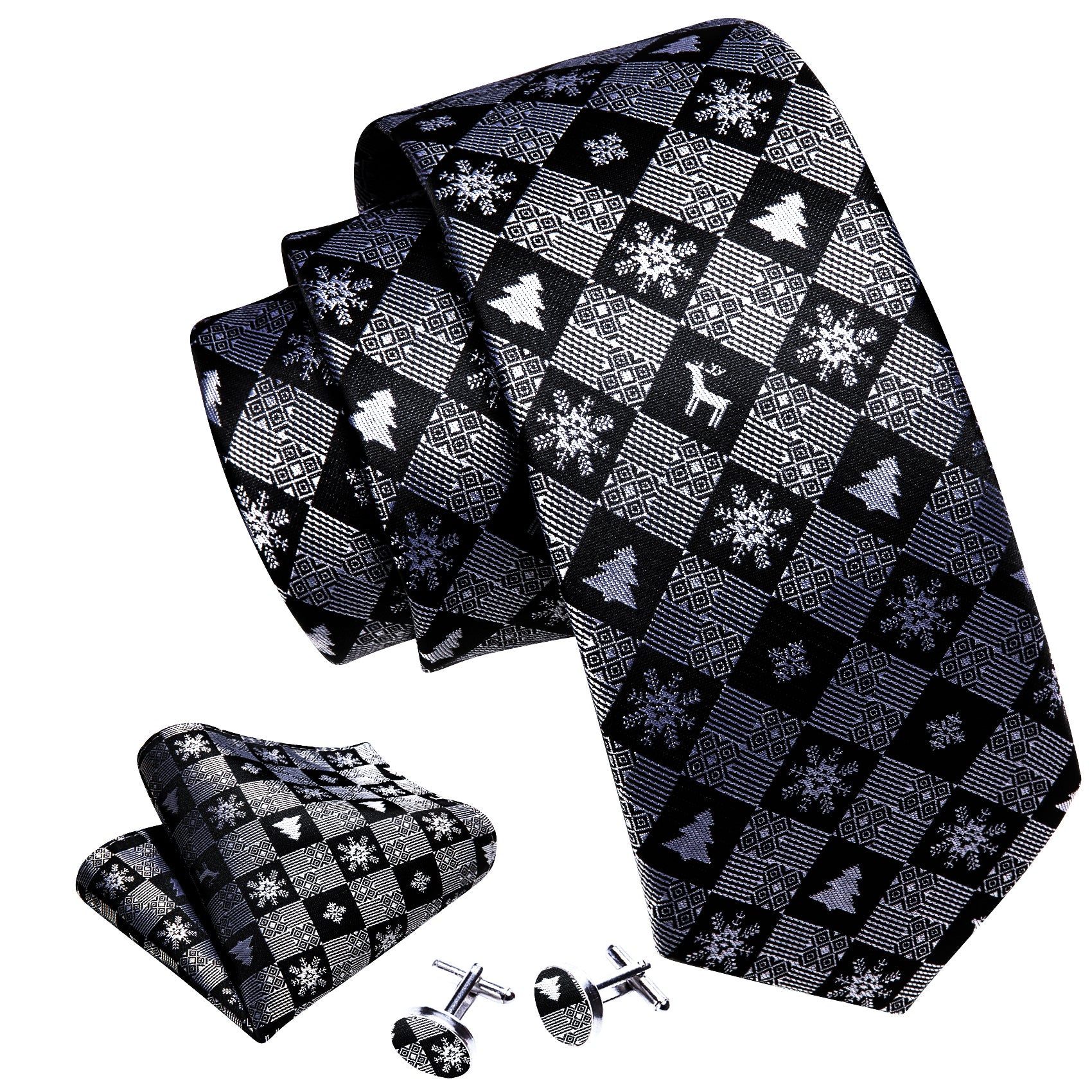 Black White Plaid Christmas tree Bell Tie Handkerchief Cufflinks Set