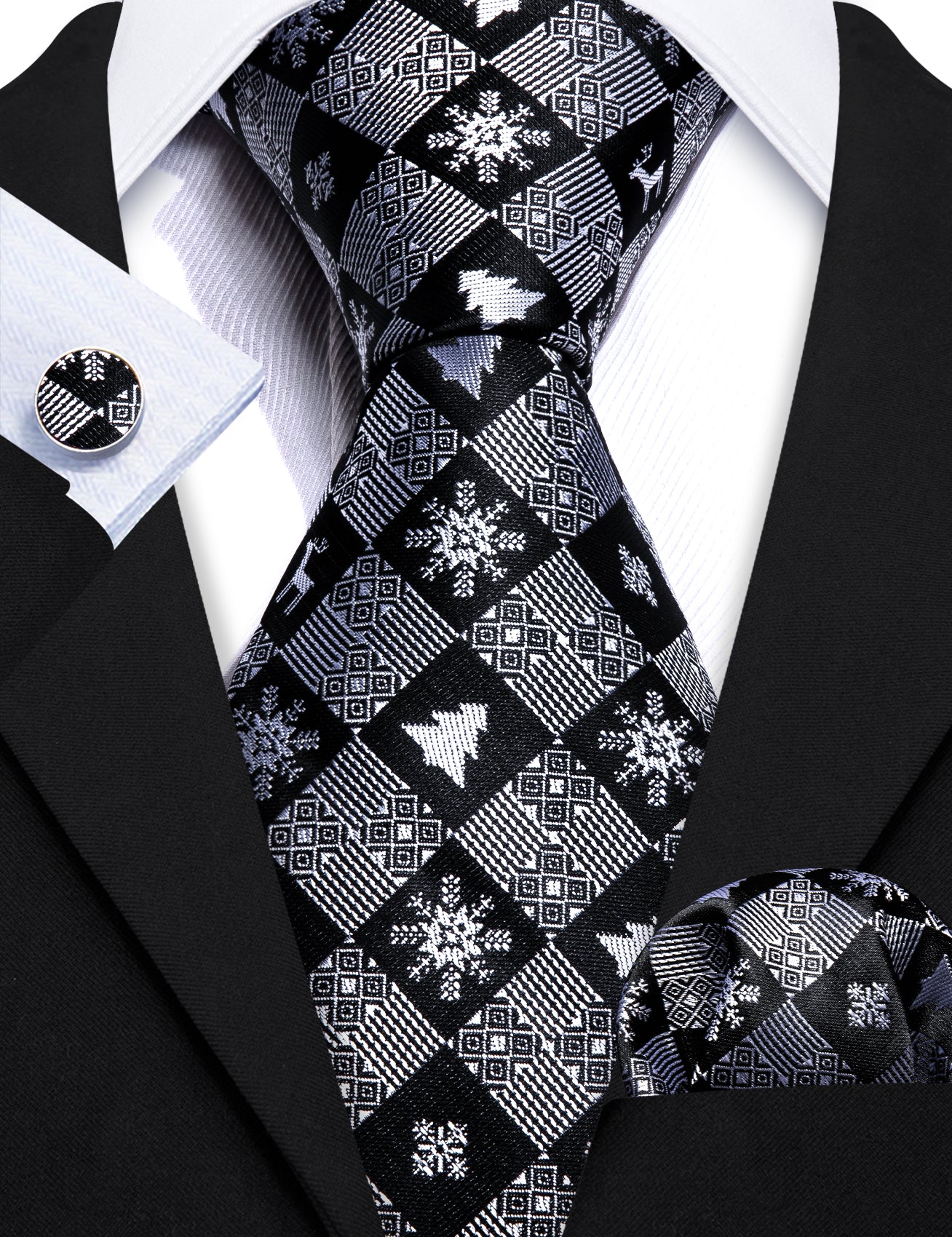 Black White Plaid Christmas tree Bell Tie Handkerchief Cufflinks Set