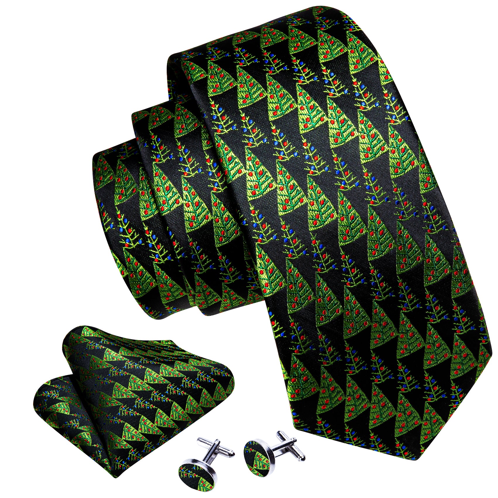 Barry Wang Christmas Black Green Tree Tie Handkerchief Cufflinks Set