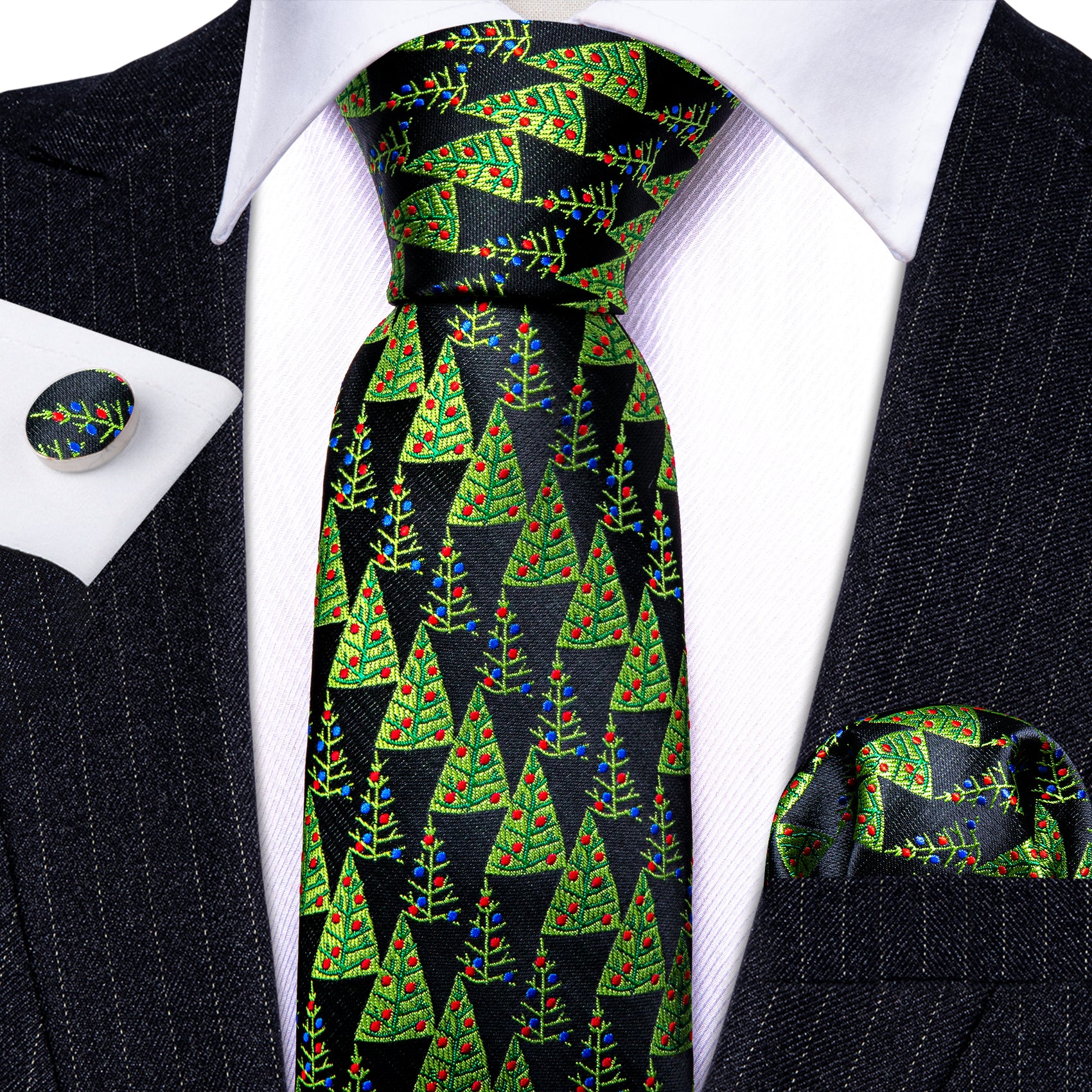 Christmas Black Green Tree Tie Handkerchief Cufflinks Set