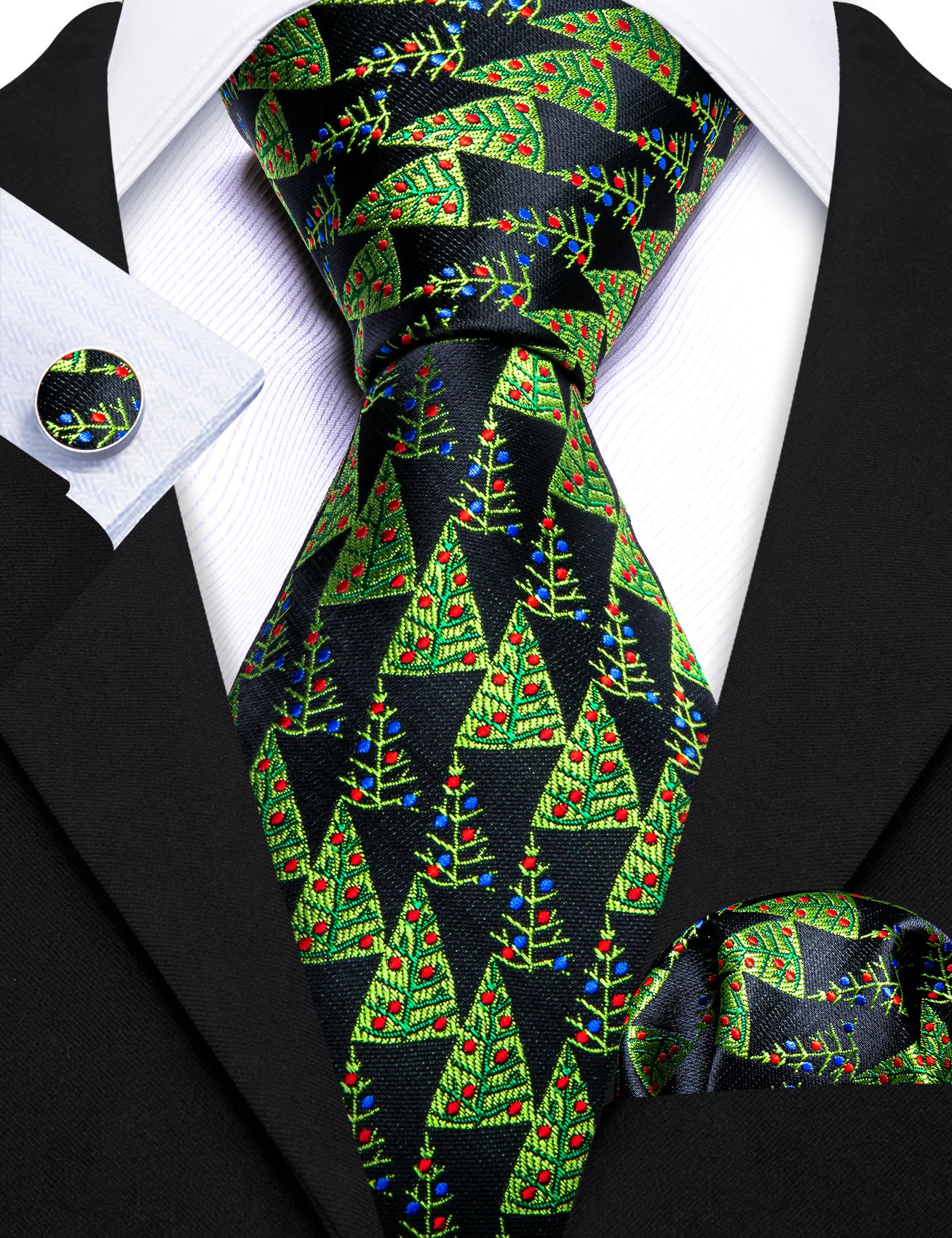 Barry Wang Christmas Black Green Tree Tie Handkerchief Cufflinks Set