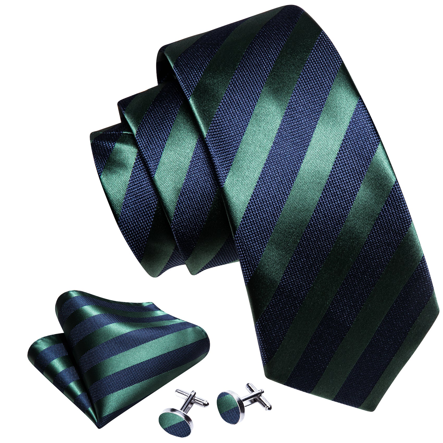  Navy Blue Green Striped Tie Handkerchief Cufflinks Set