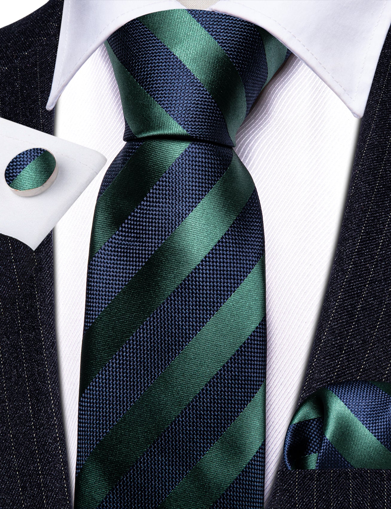  Navy Blue Green Striped Tie Handkerchief Cufflinks Set