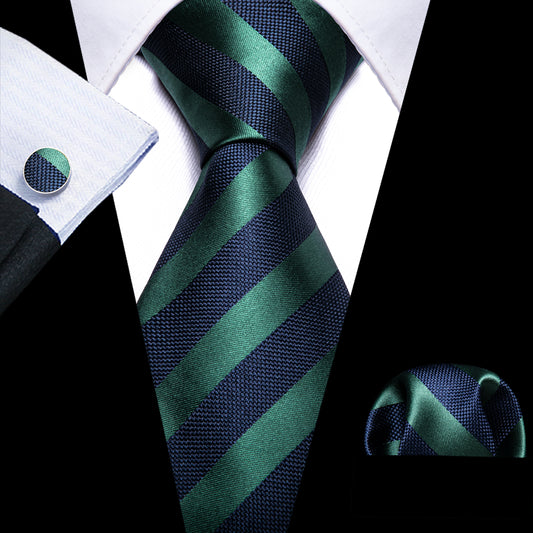  Navy Blue Green Striped Tie Handkerchief Cufflinks Set