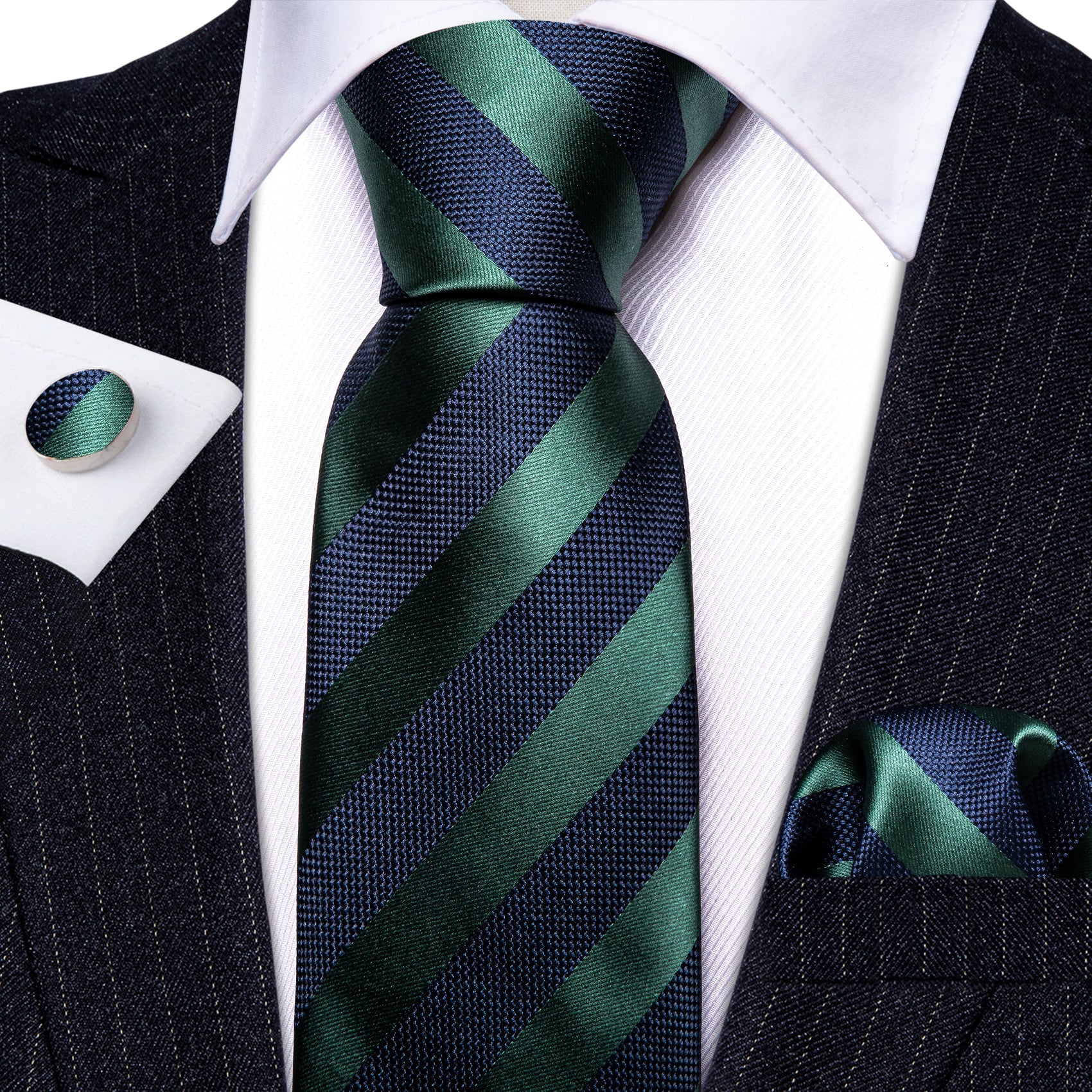  Navy Blue Green Striped Tie Handkerchief Cufflinks Set