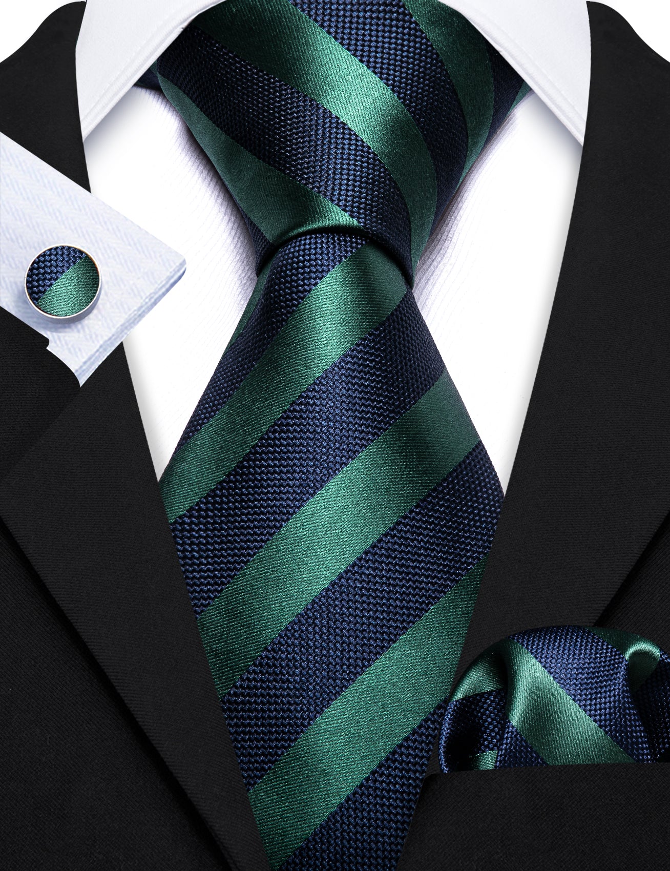  Navy Blue Green Striped Tie Handkerchief Cufflinks Set