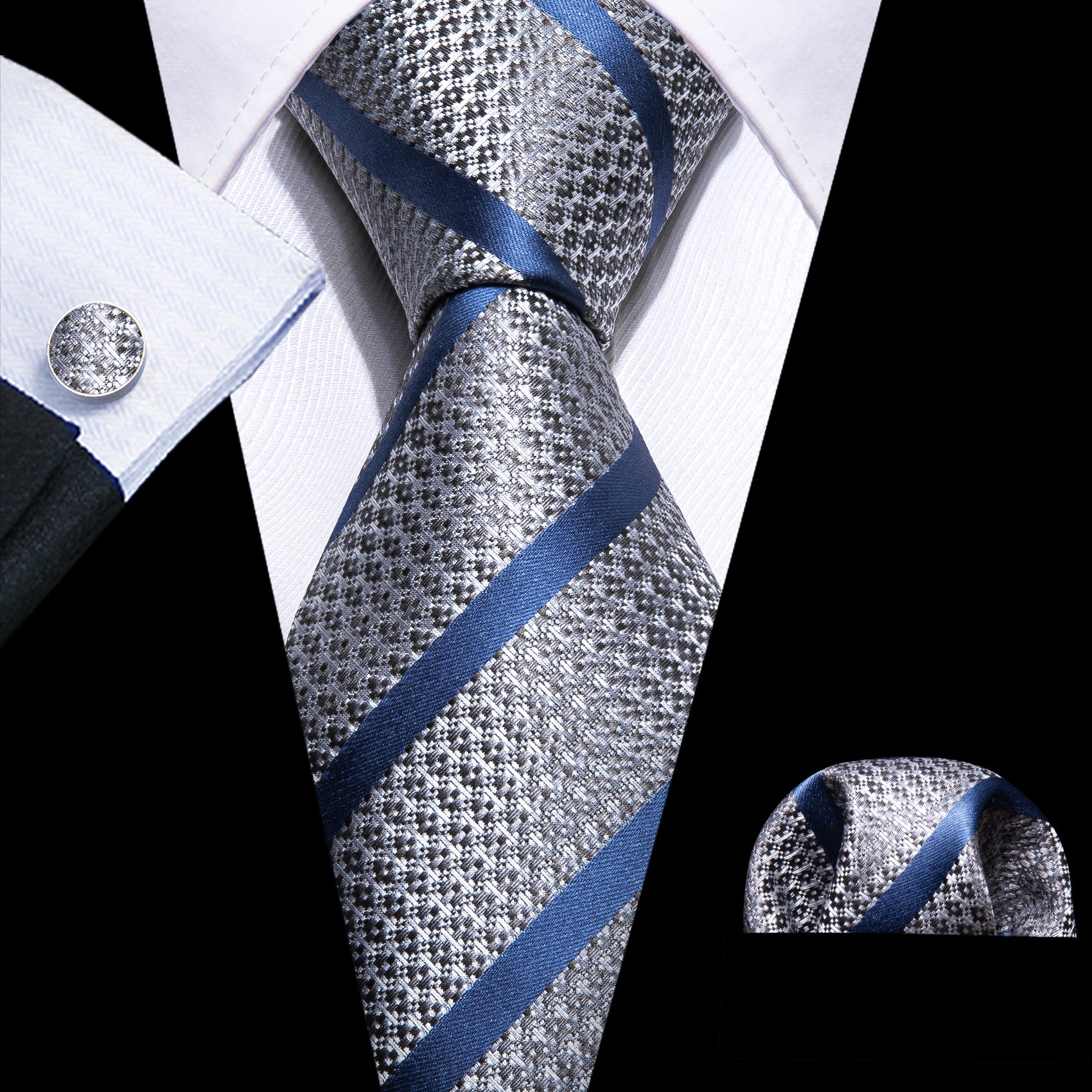 Silver Blue Striped Tie Handkerchief Cufflinks Set