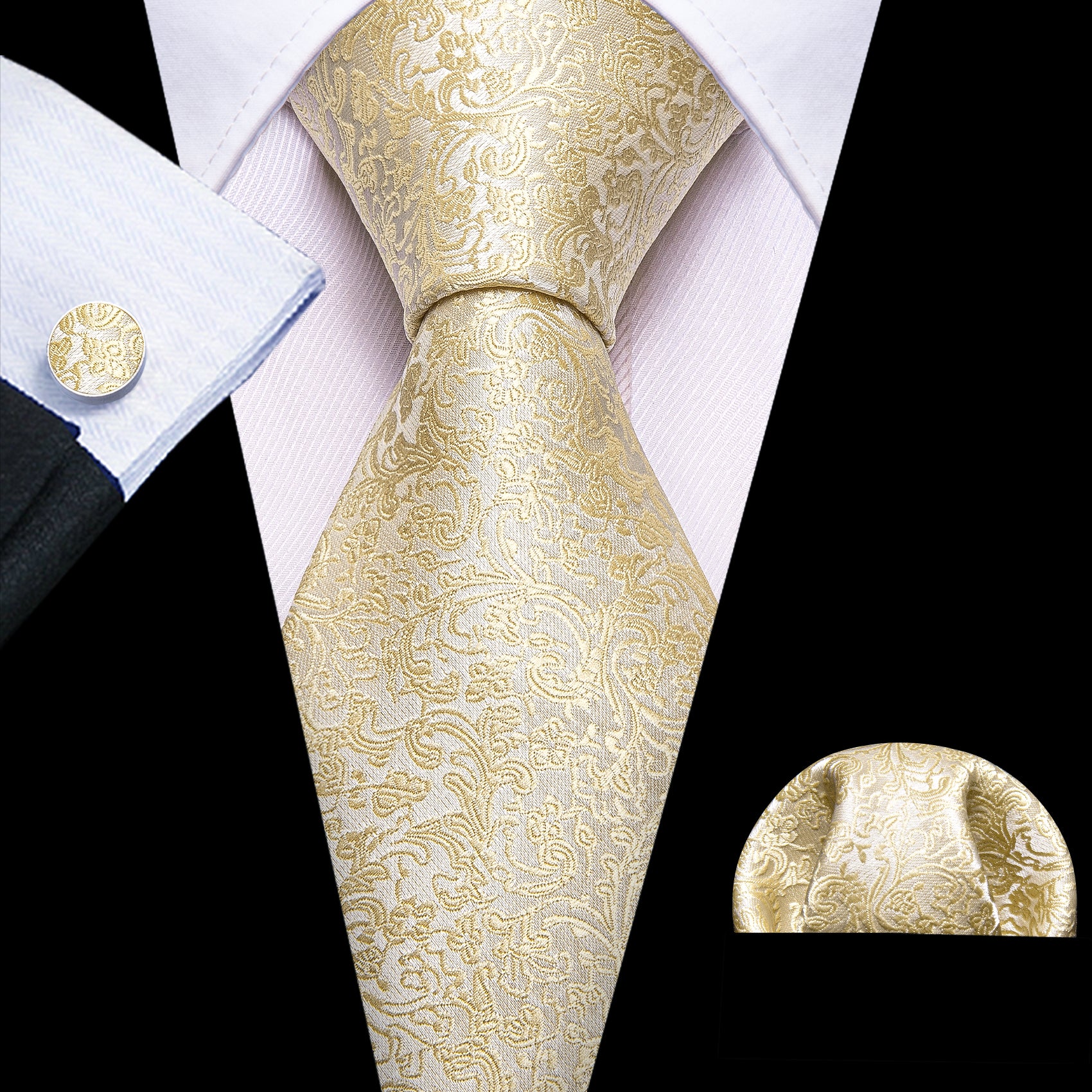 Barry.wang Floral Tie Light Yellow Paisley Tie Handkerchief Cufflinks Set