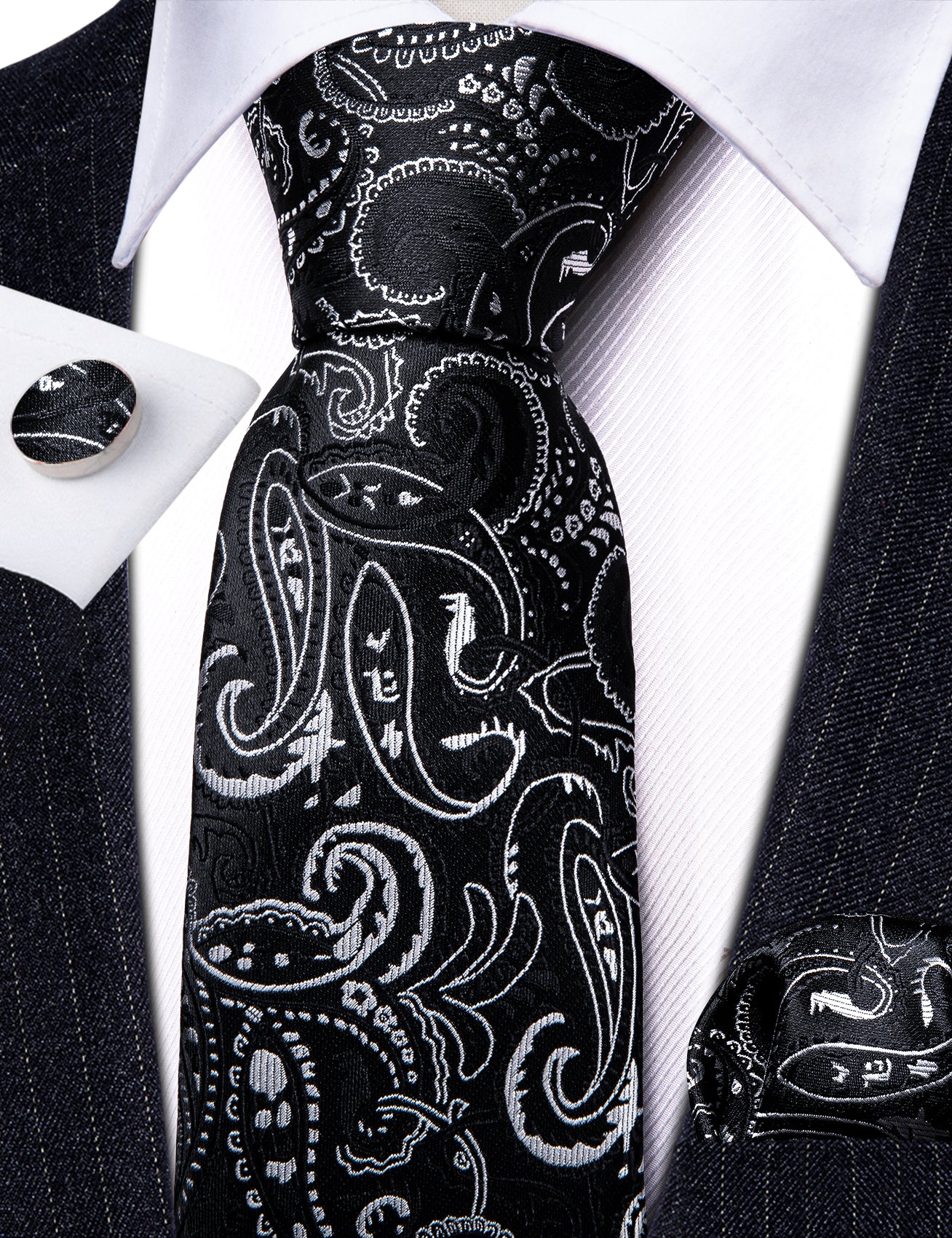 Luxury Black White Paisley Tie Handkerchief Cufflinks Set