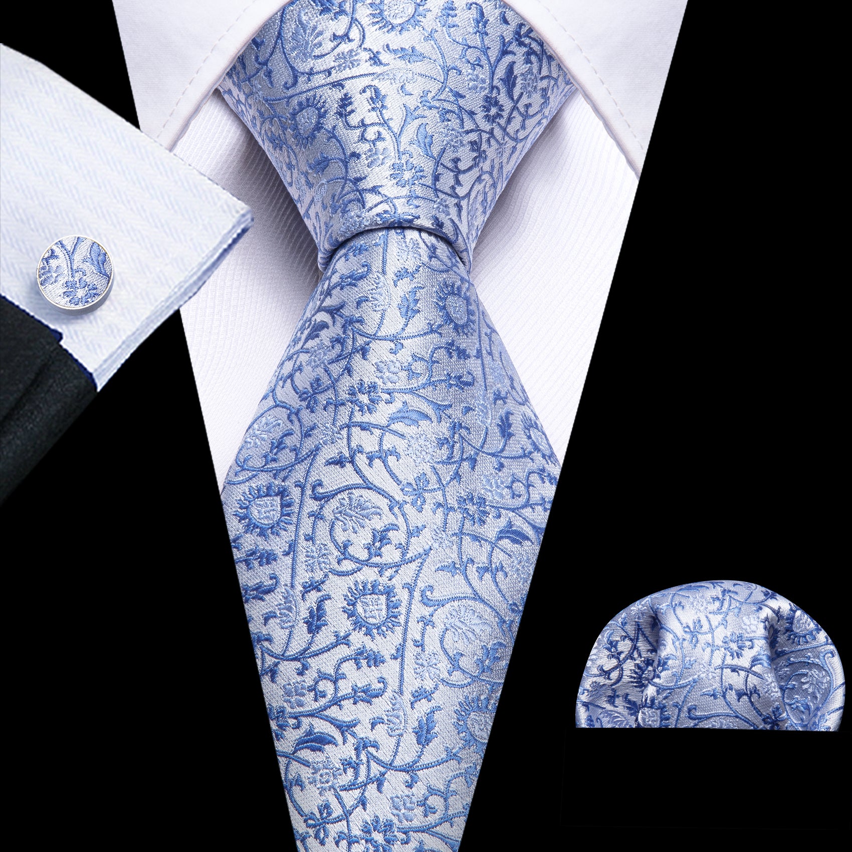 Luxury Blue White Paisley Tie Handkerchief Cufflinks Set