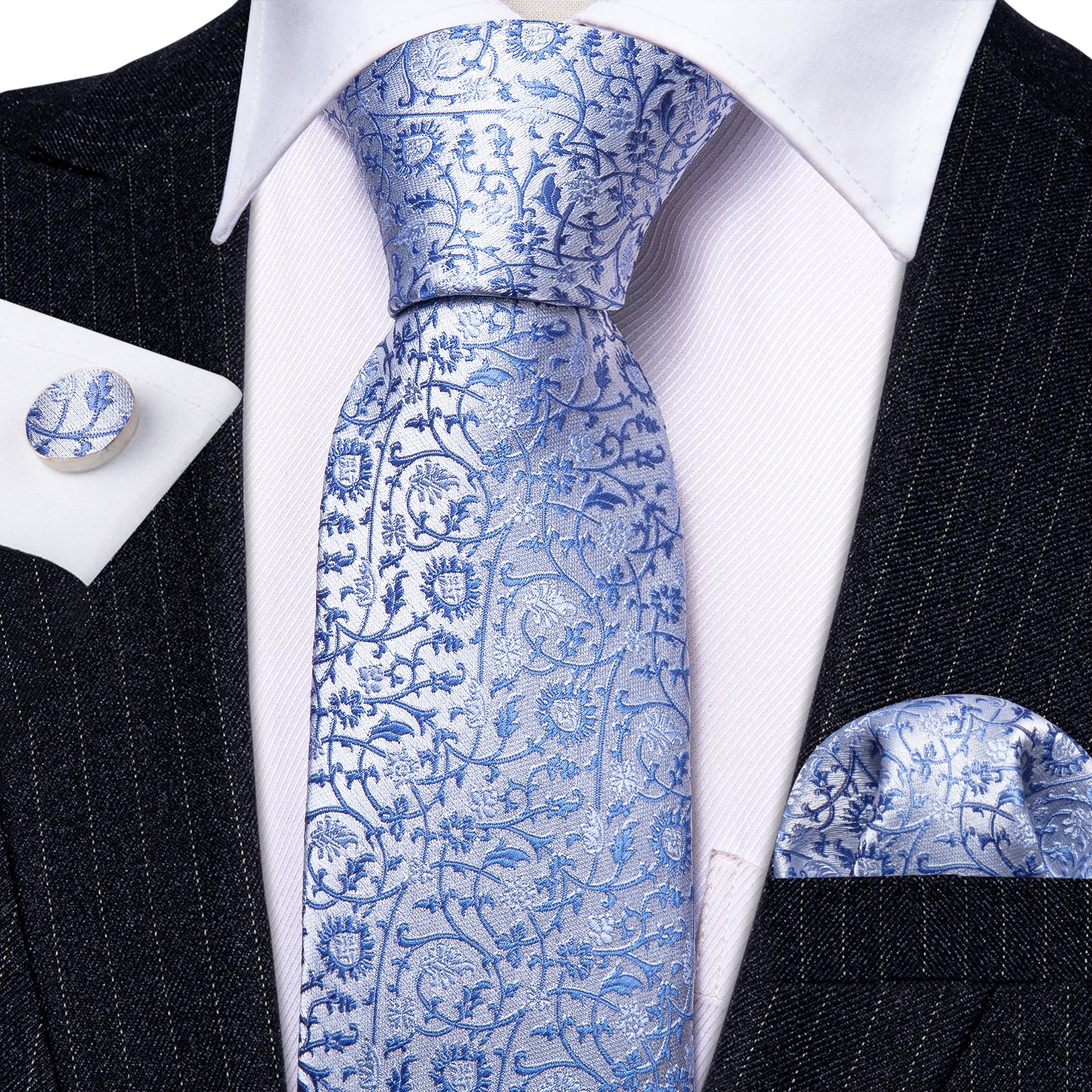 Luxury Blue White Paisley Tie Handkerchief Cufflinks Set