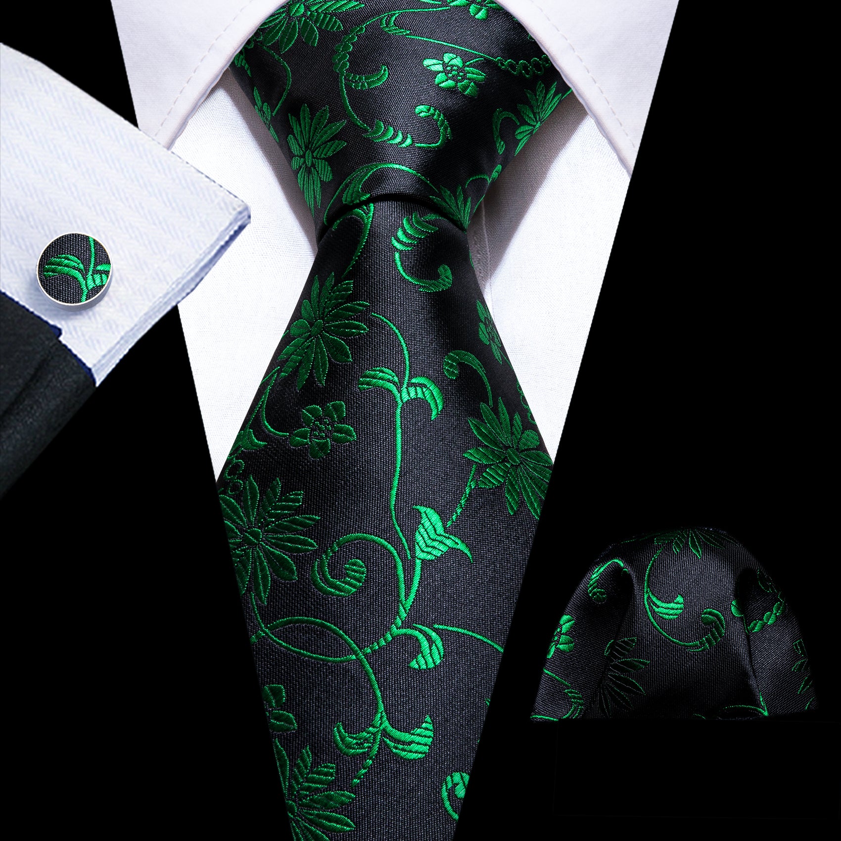 Awesome Blue Green Floral Tie Handkerchief Cufflinks Set