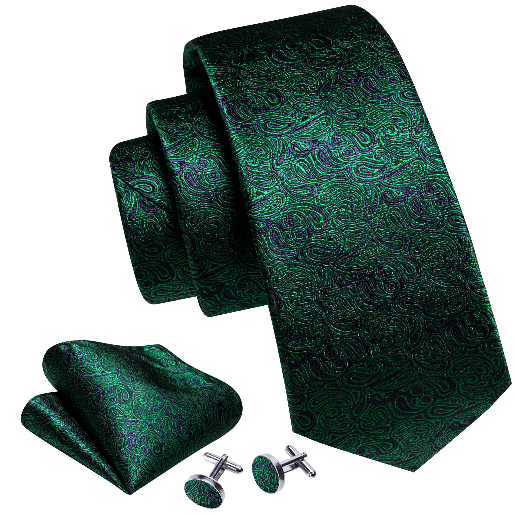 Barry Wang Fashion Green Paisley Tie Handkerchief Cufflinks Set