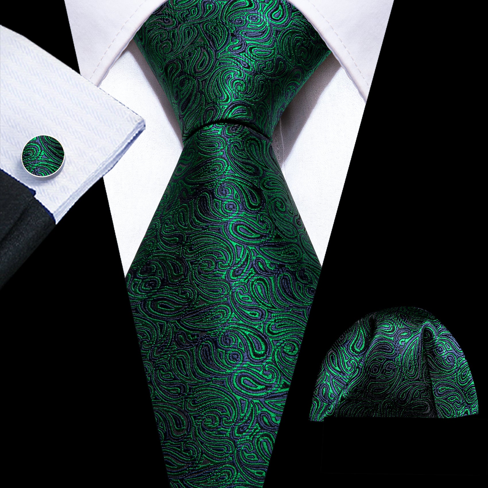 Fashion Green Paisley Tie Handkerchief Cufflinks Set
