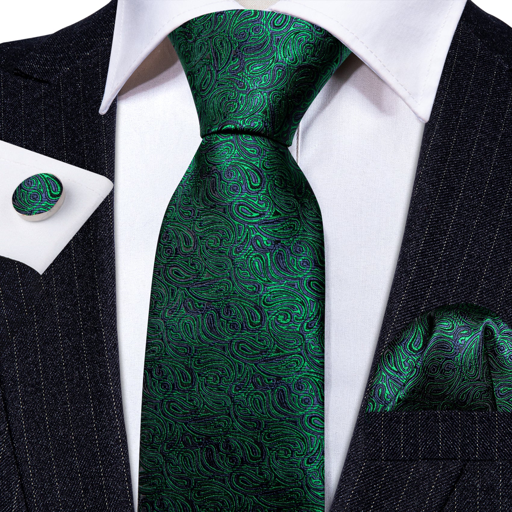 Fashion Green Paisley Tie Handkerchief Cufflinks Set