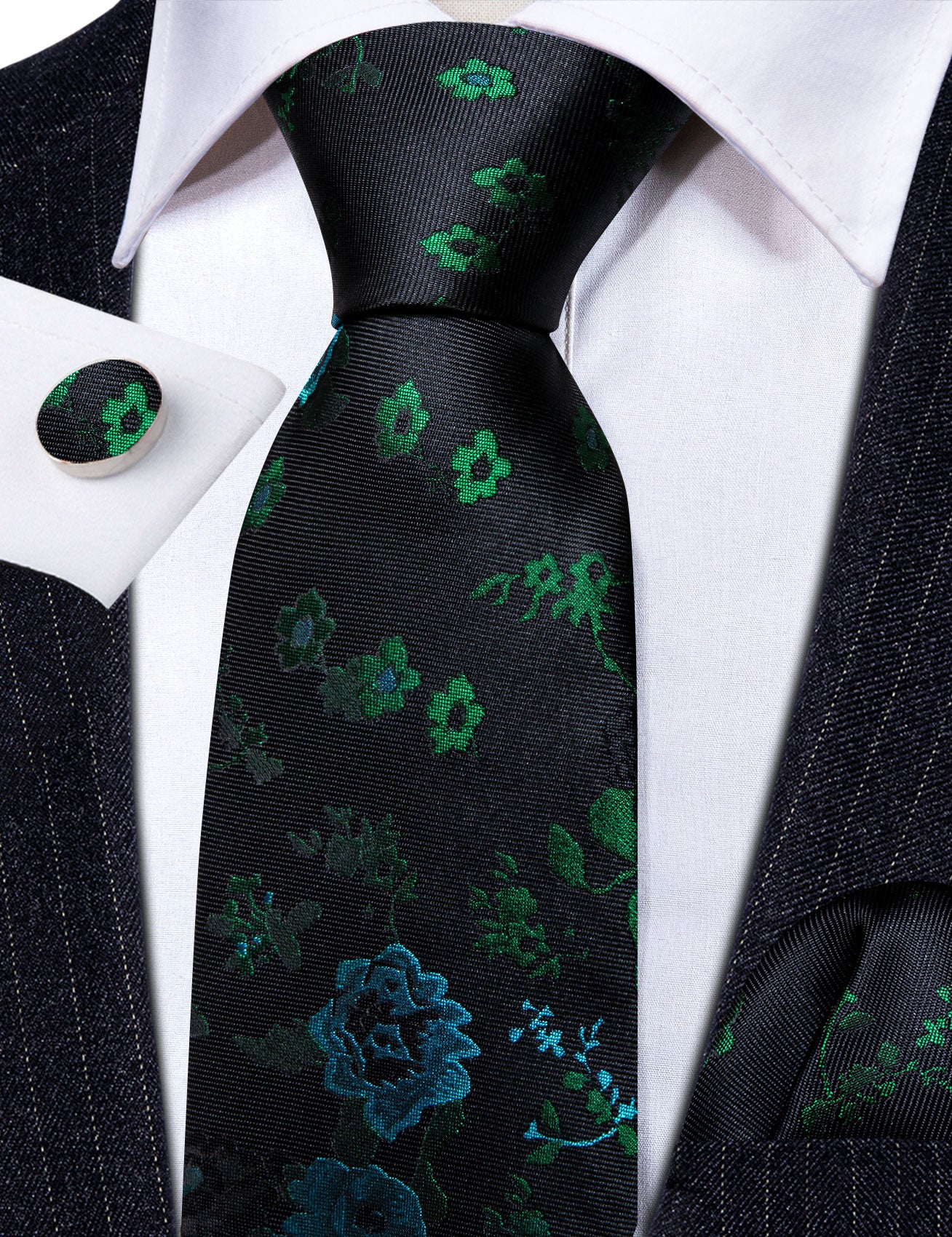 Black Green Flower Tie Handkerchief Cufflinks Set