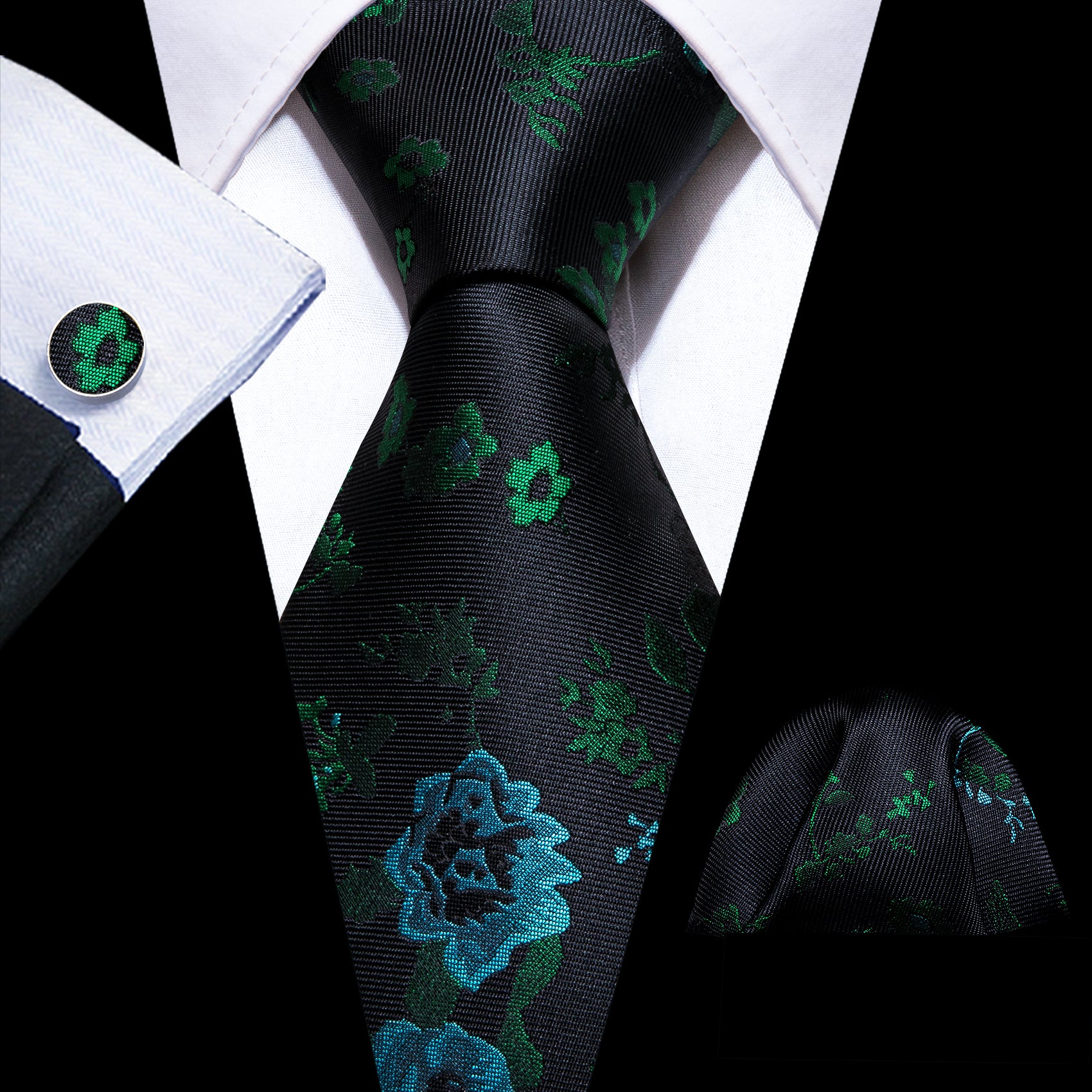 Black Green Flower Tie Handkerchief Cufflinks Set
