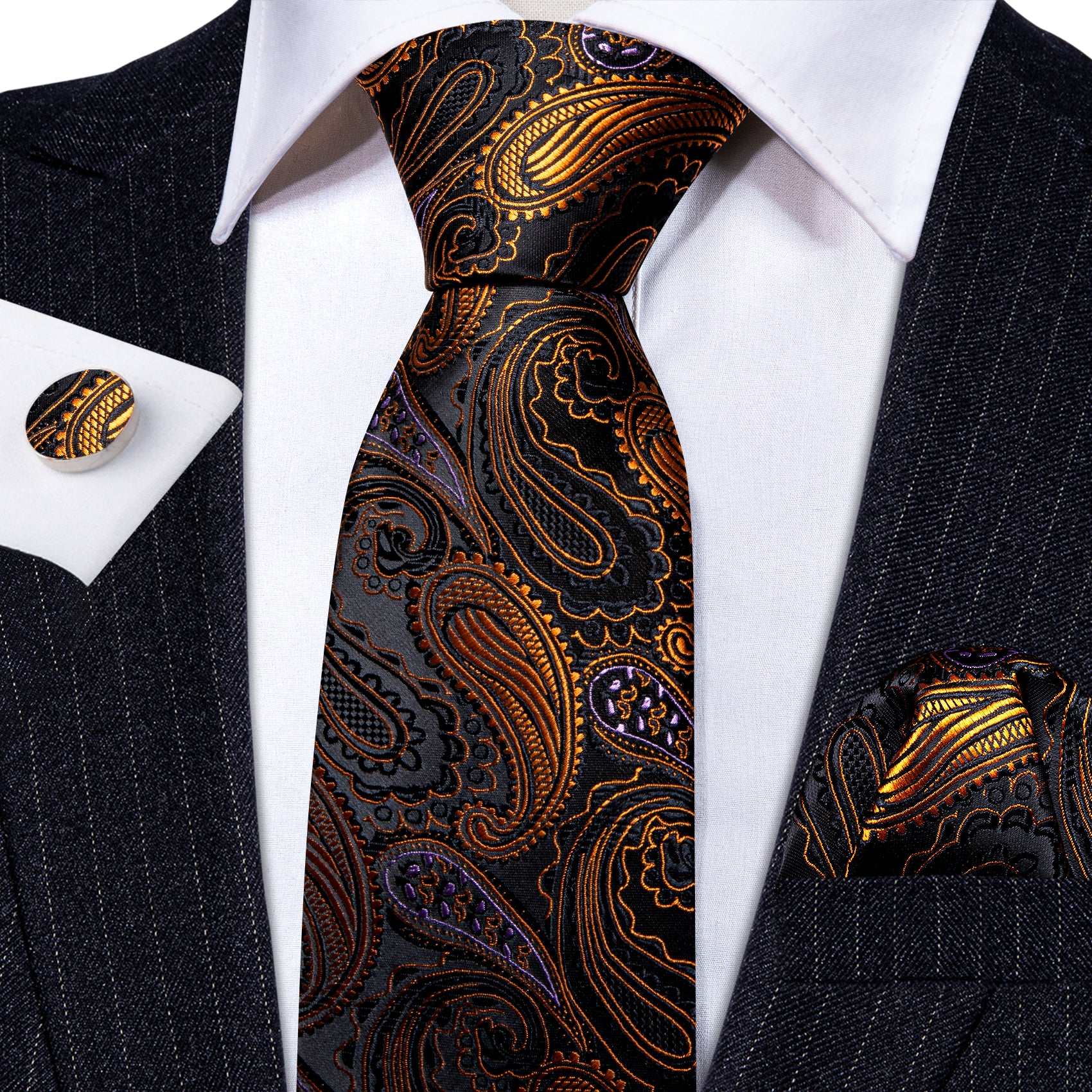 Black Gold Paisley Tie Handkerchief Cufflinks Set