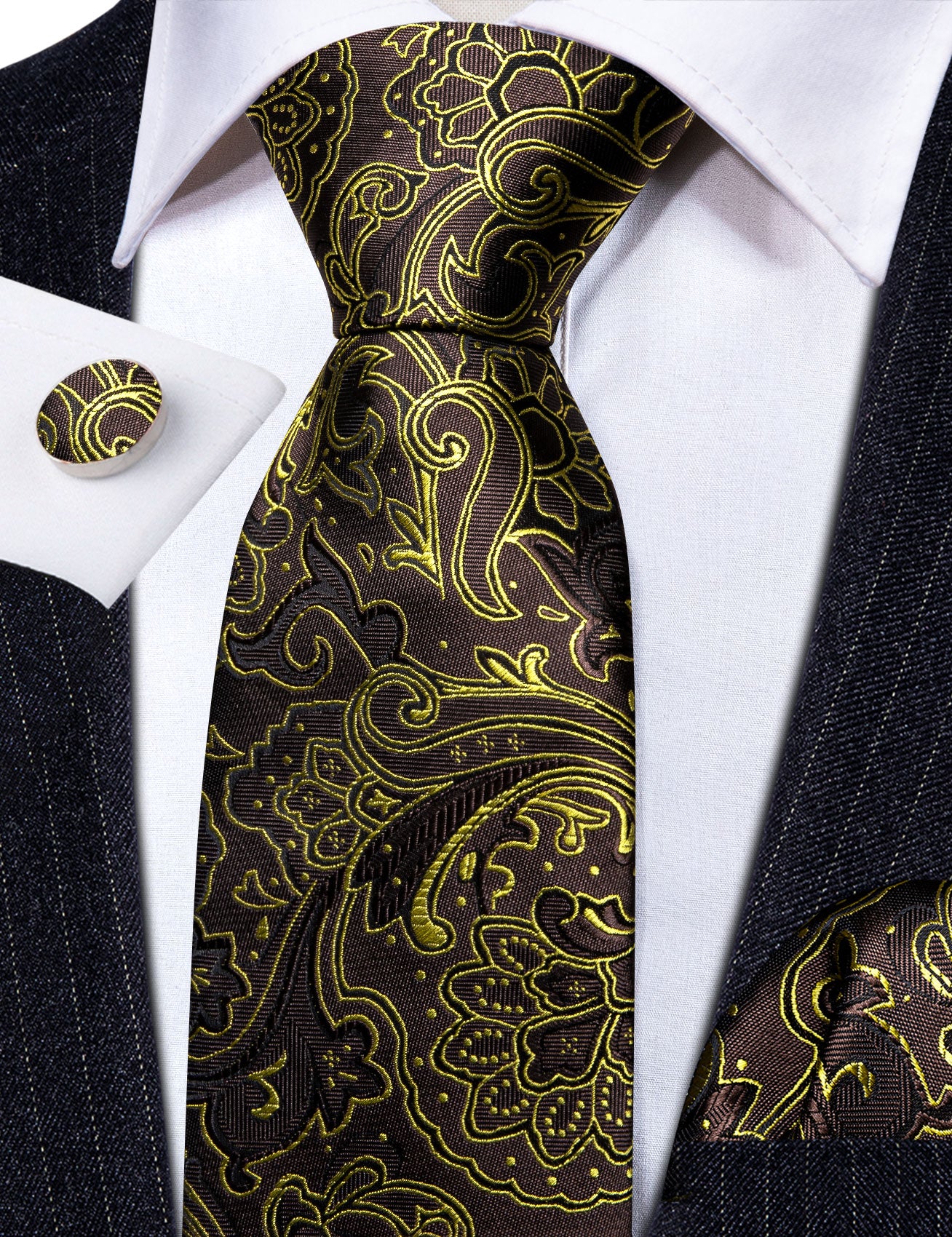 New Brown Gold Paisley Tie Handkerchief Cufflinks Set