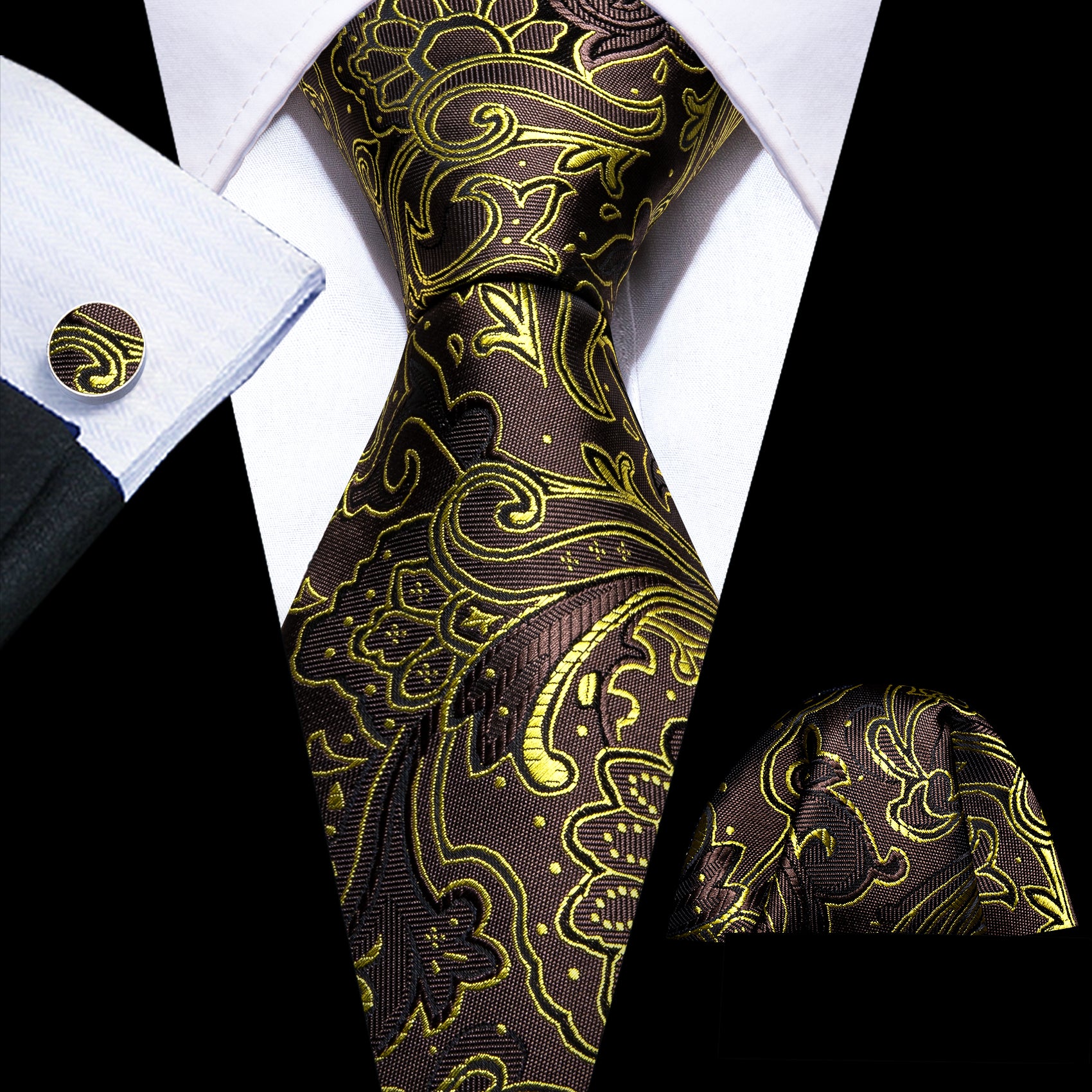 Brown Gold Paisley Tie Handkerchief Cufflinks Set