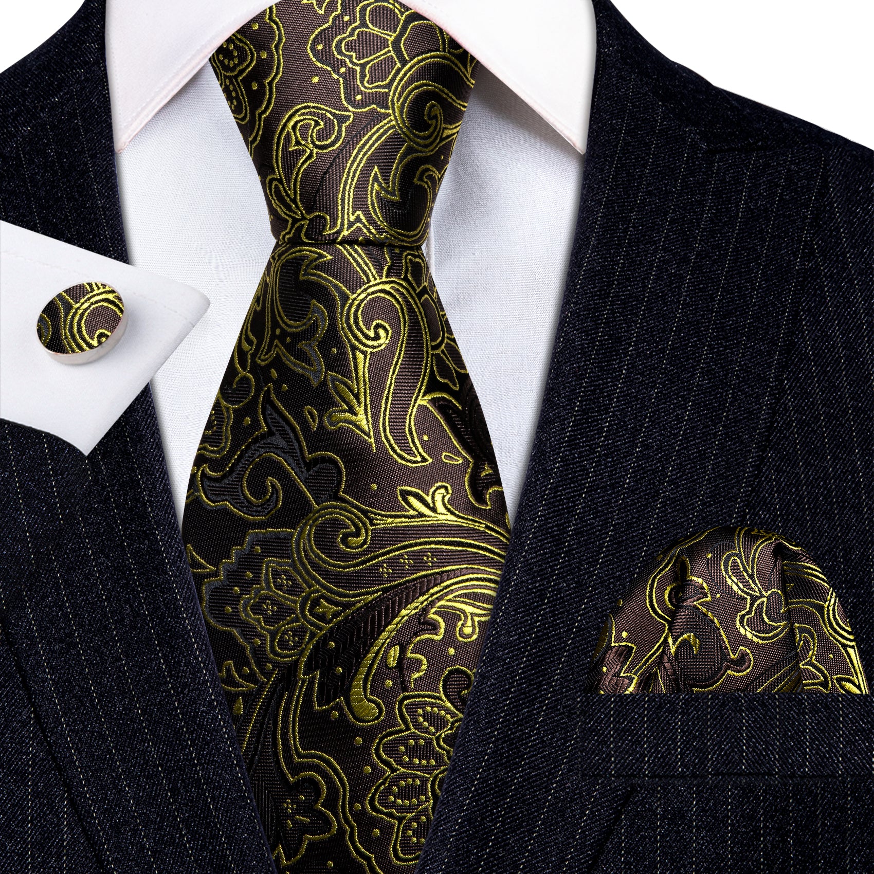 New Brown Gold Paisley Tie Handkerchief Cufflinks Set