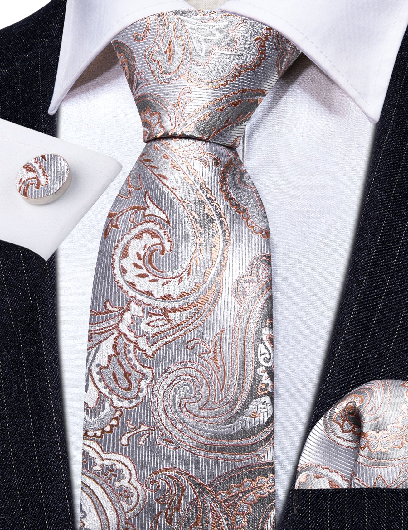 Bright Silver Orange Paisley Tie Handkerchief Cufflinks Set