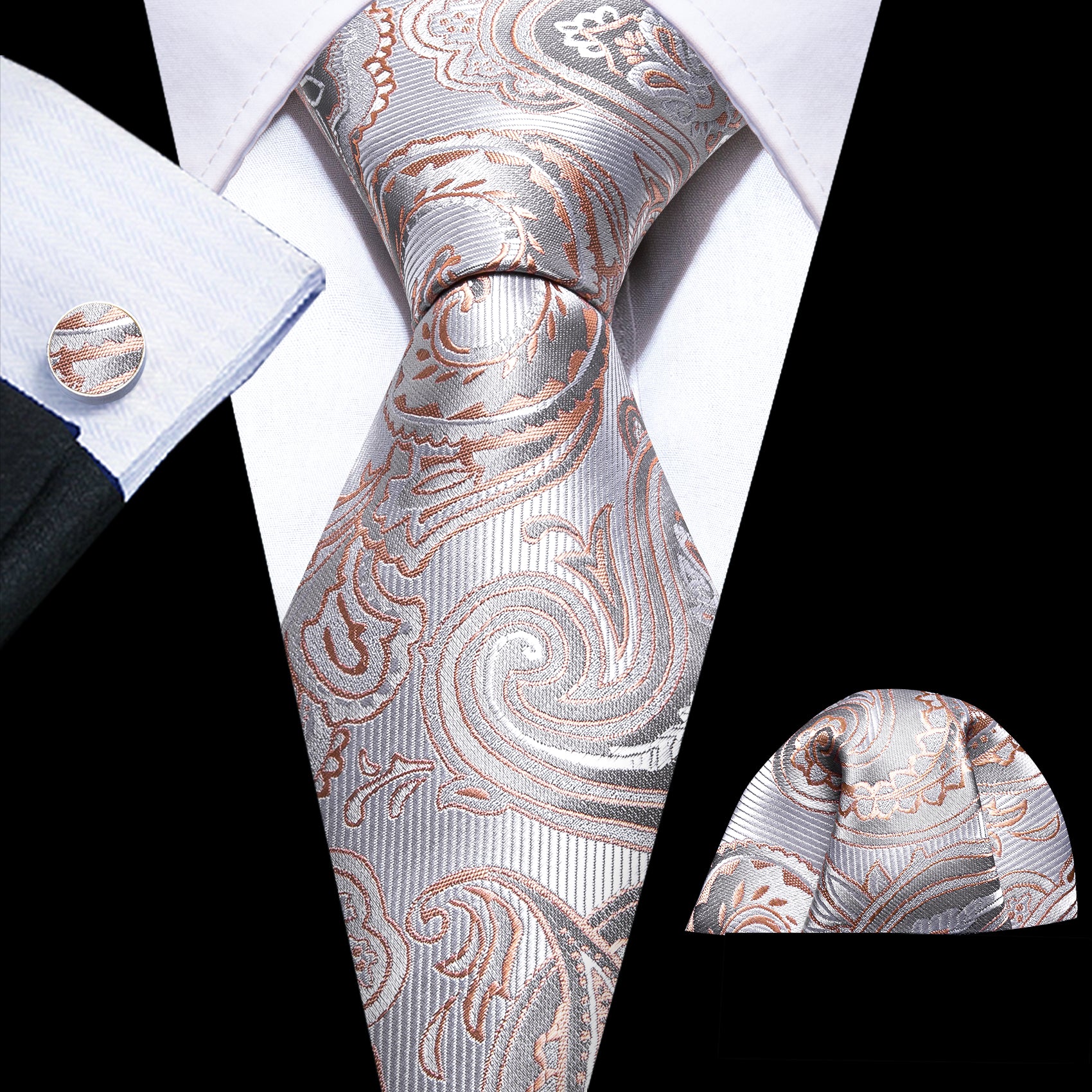 Bright Silver Orange Paisley Tie Handkerchief Cufflinks Set