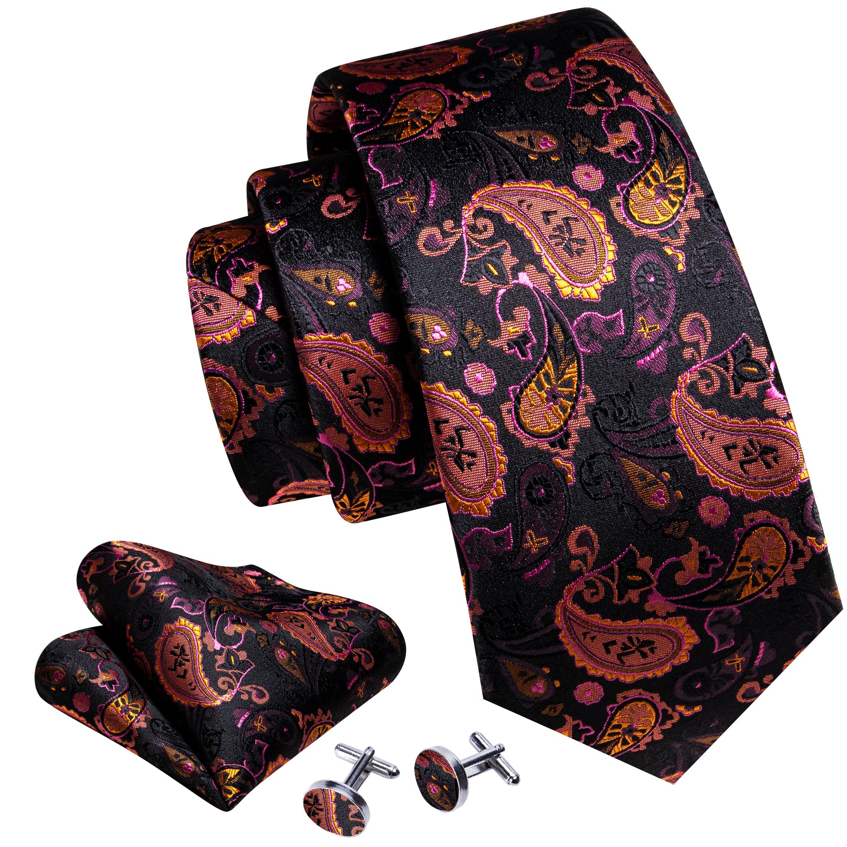 Black Purple Paisley Tie Handkerchief Cufflinks Set
