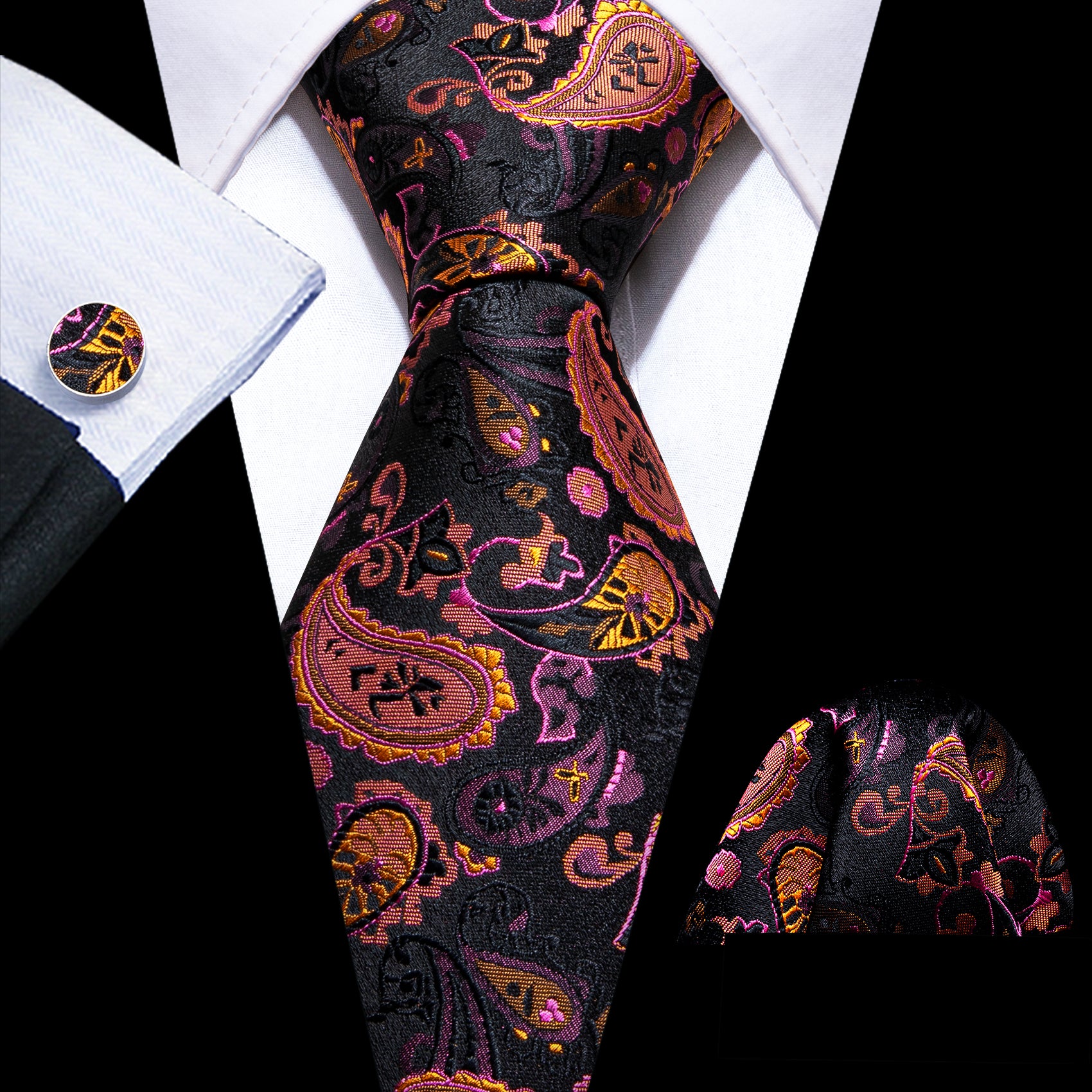 Black Purple Paisley Tie Handkerchief Cufflinks Set