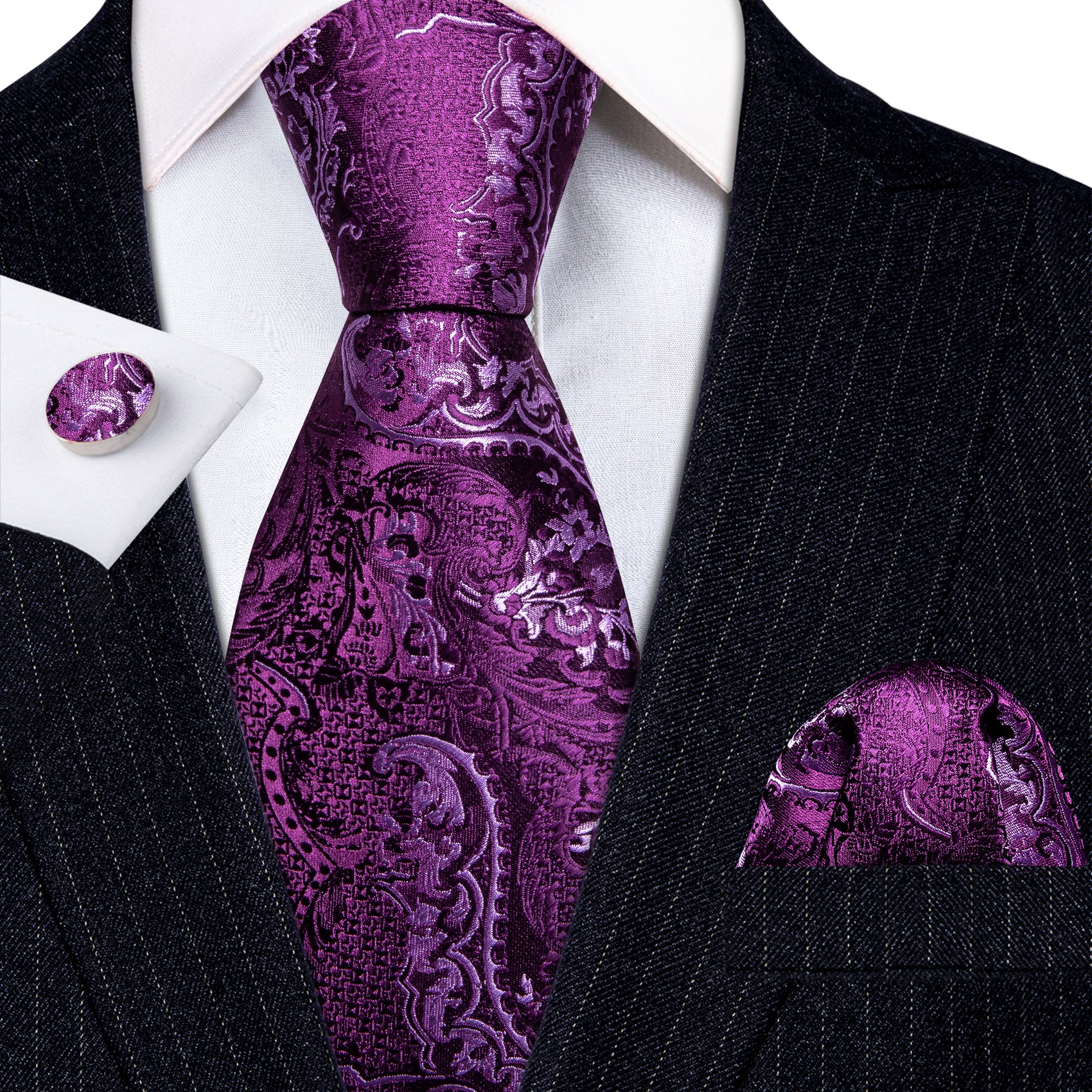 Luxury Purple Paisley Silk Tie Handkerchief Cufflinks Set