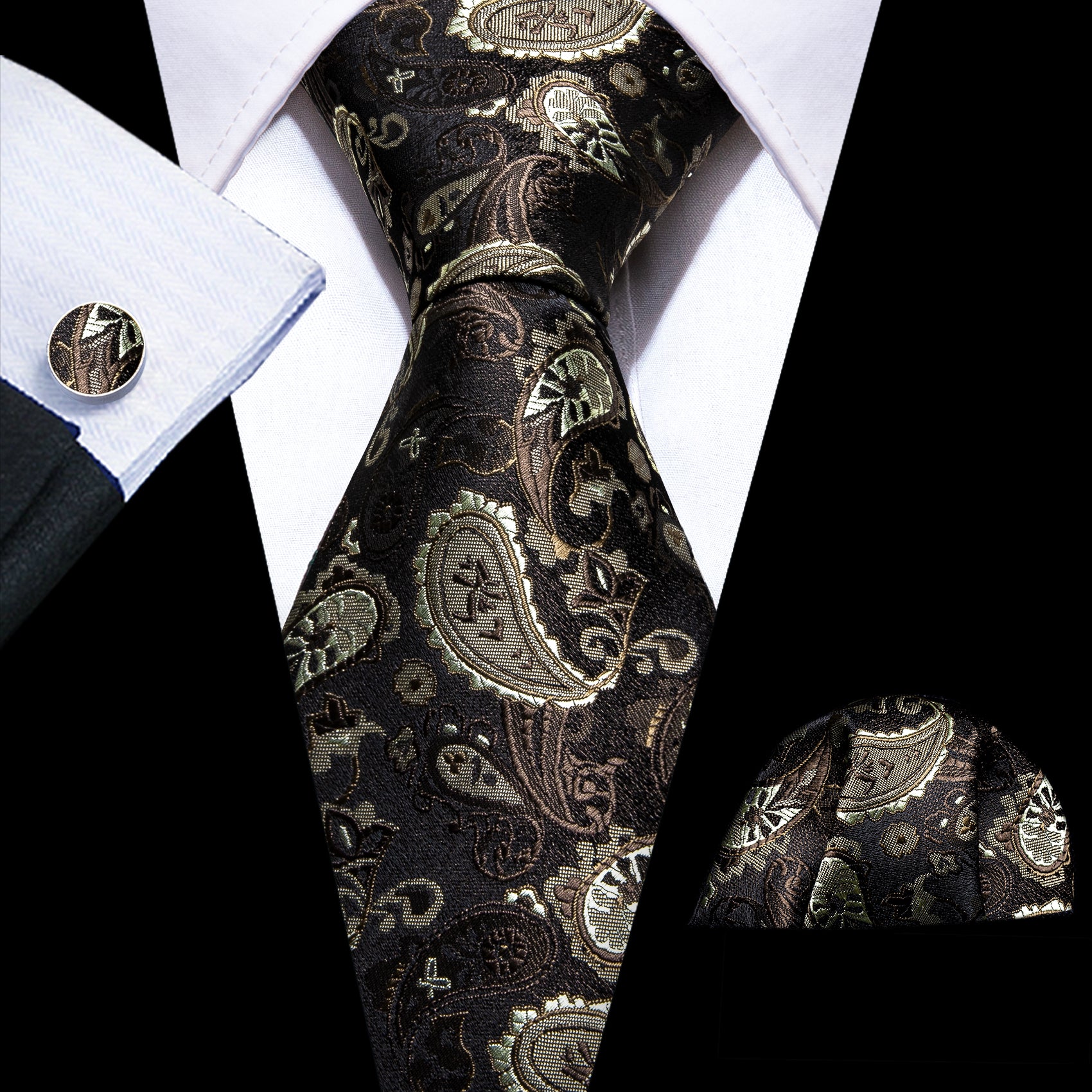 Luxury Brown Silver Paisley Silk Tie Handkerchief Cufflinks Set