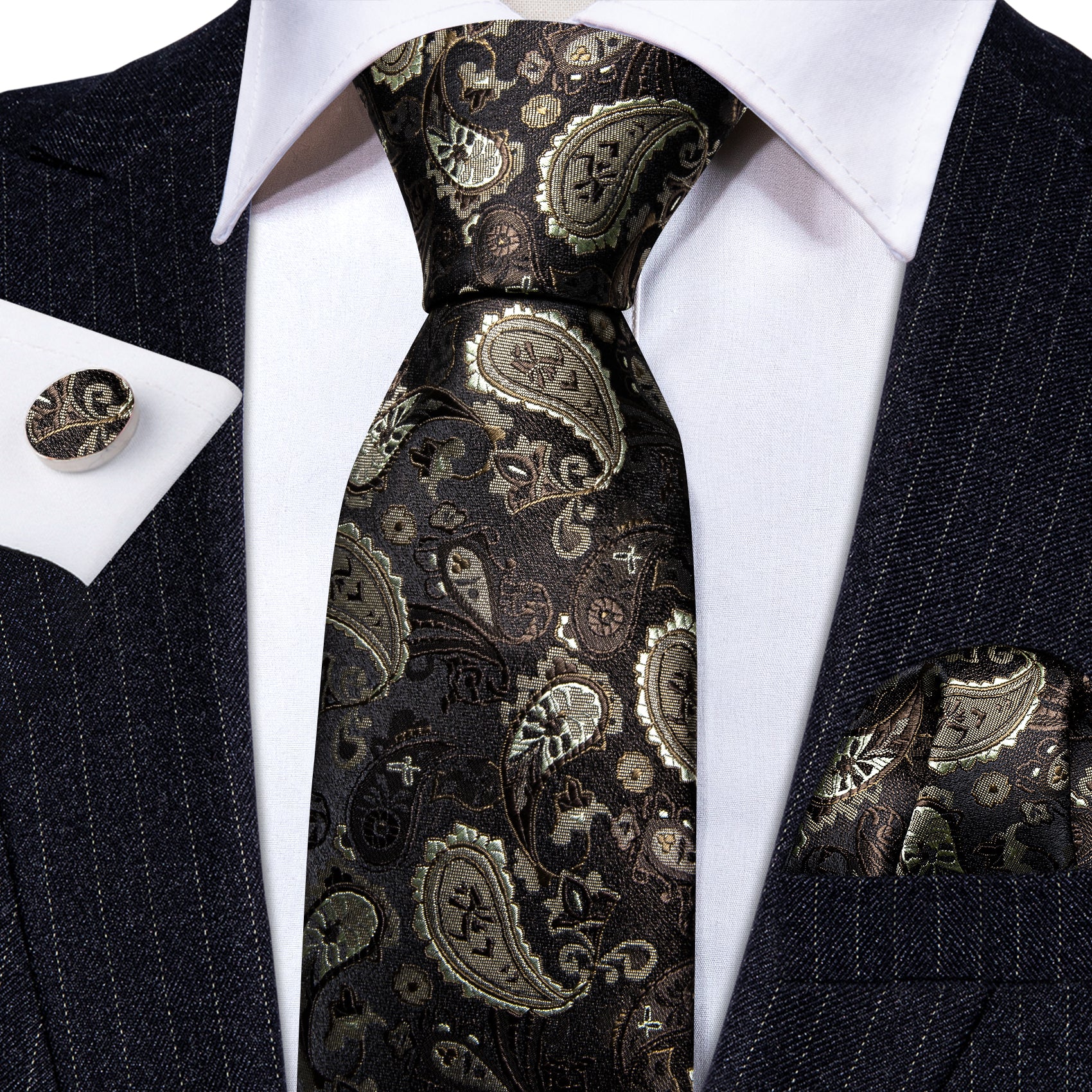 Luxury Brown Silver Paisley Silk Tie Handkerchief Cufflinks Set
