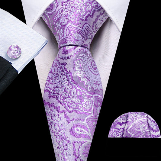 Barry. Wang Purple White Paisley Silk Tie Handkerchief Cufflinks Set