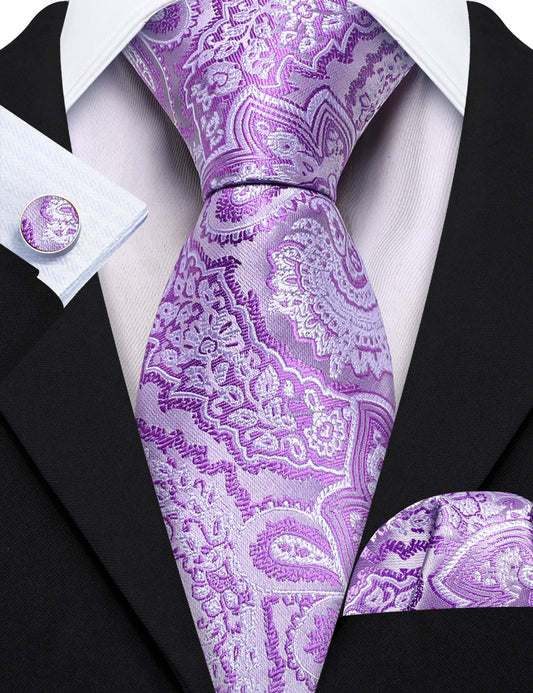 Barry. Wang Purple White Paisley Silk Tie Handkerchief Cufflinks Set