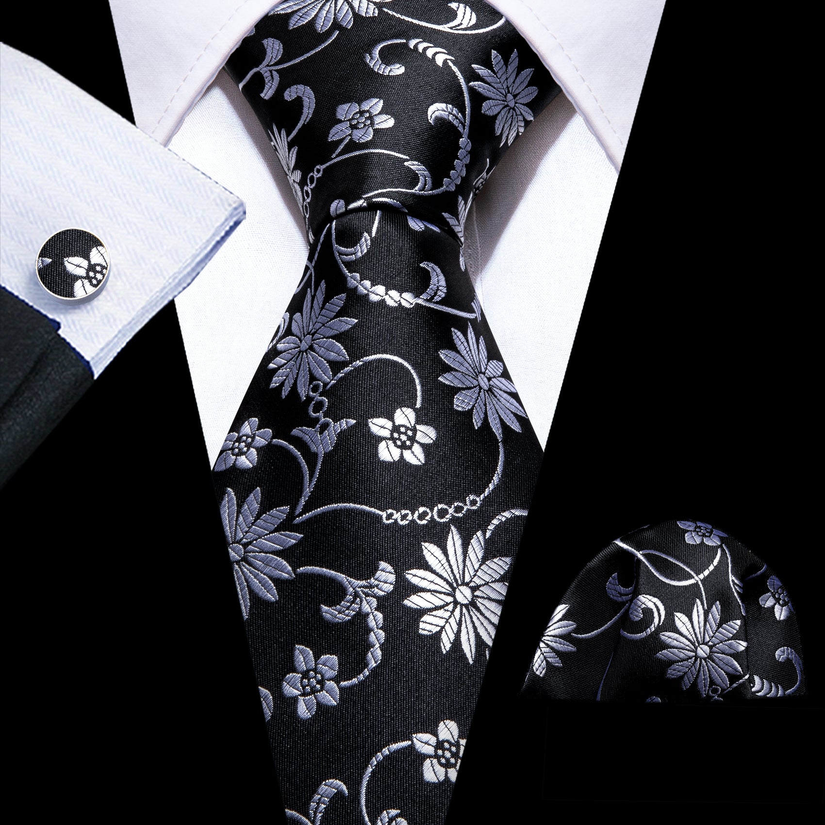 Beautiful Black White Flower Silk Tie Handkerchief Cufflinks Set