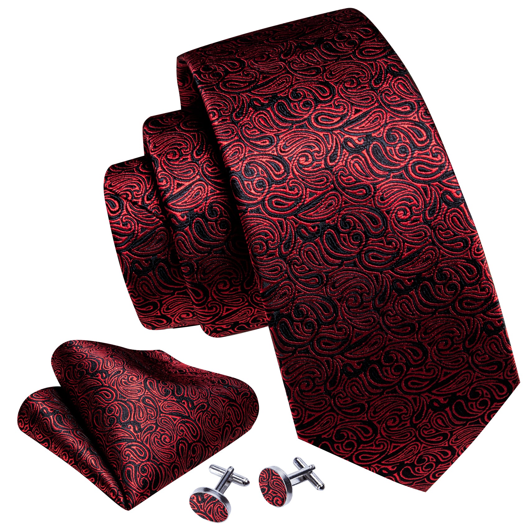 Burgundy Black Paisley Silk Tie Handkerchief Cufflinks Set