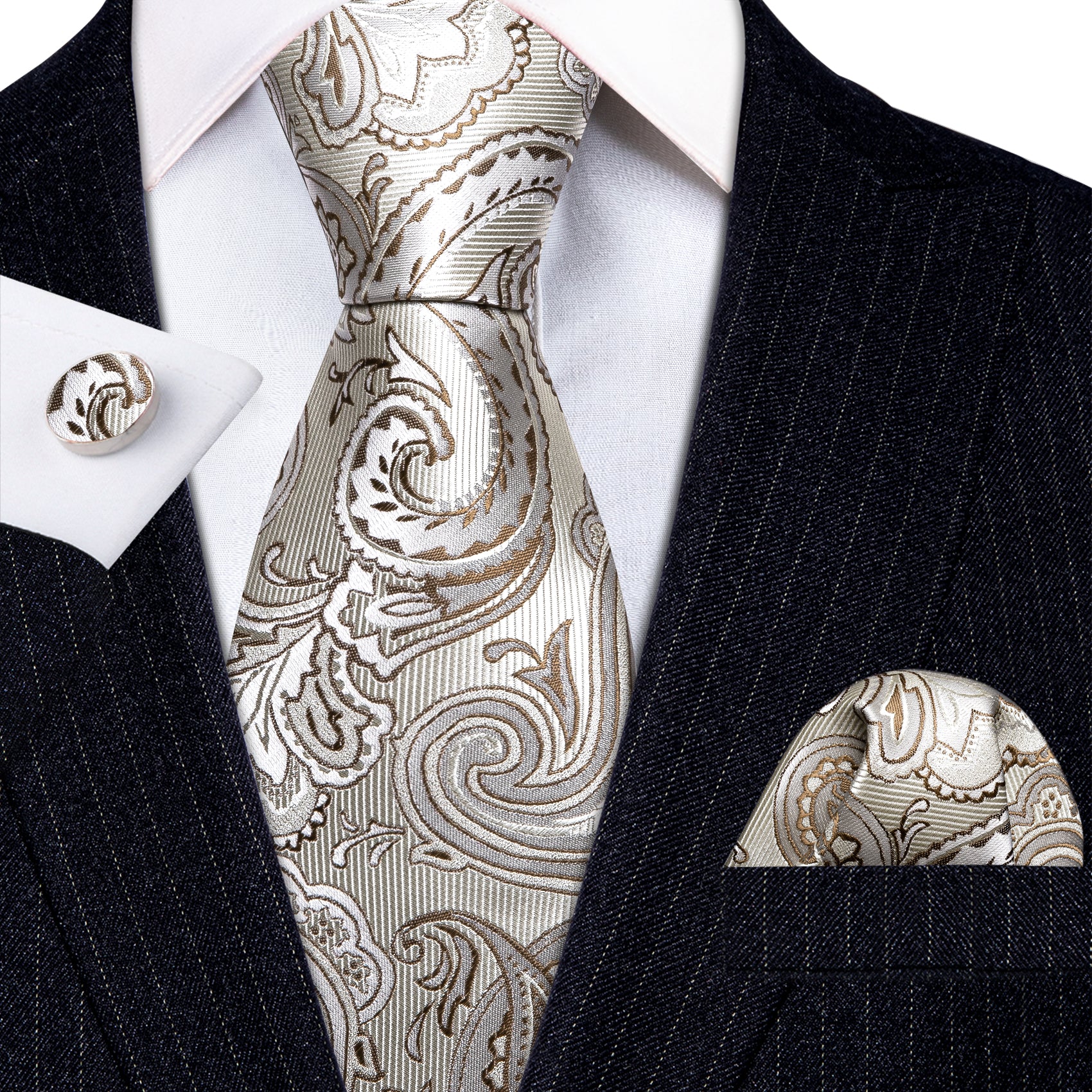 Silver White Paisley Silk Tie Handkerchief Cufflinks Set