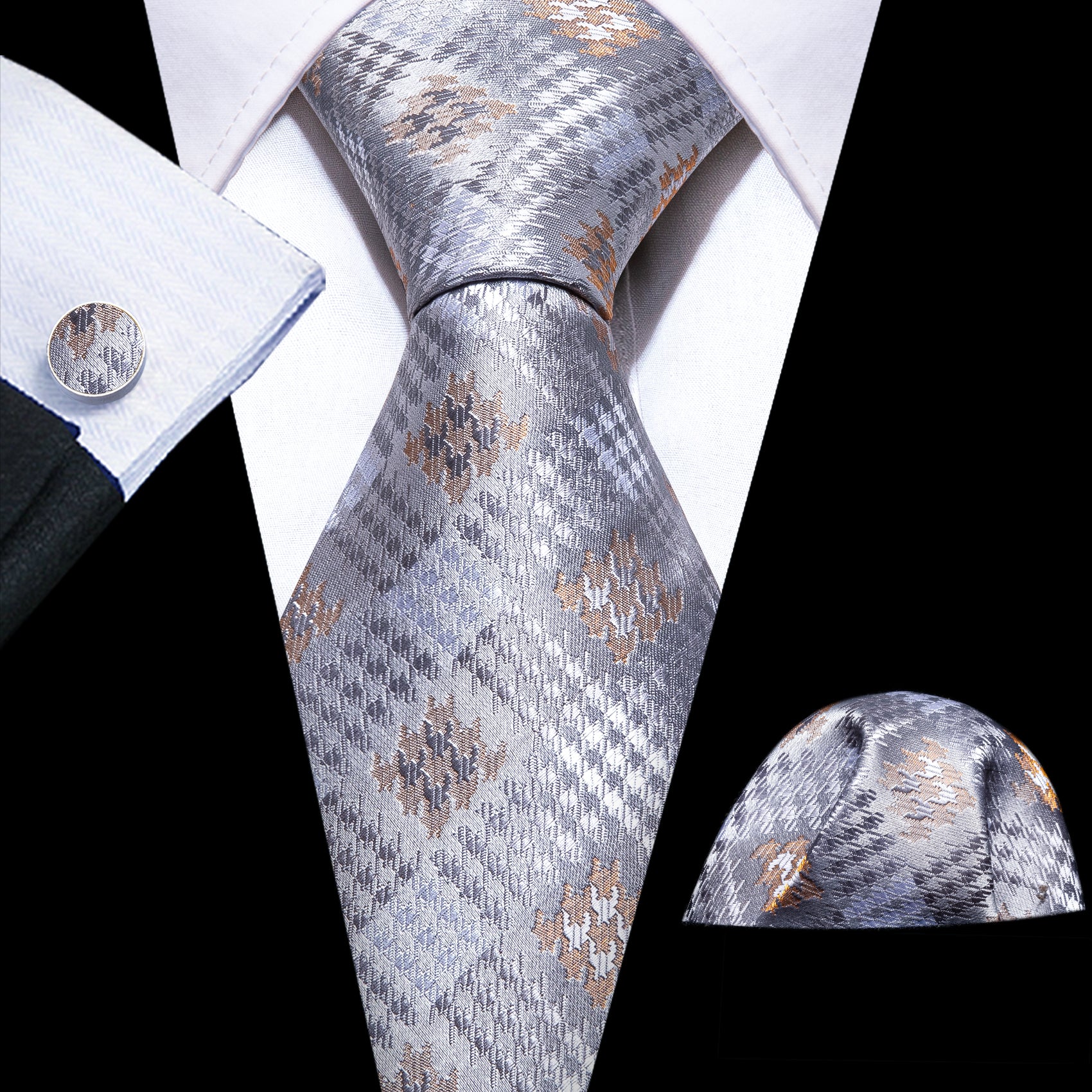 Grey Silver Plaid Silk Tie Handkerchief Cufflinks Set