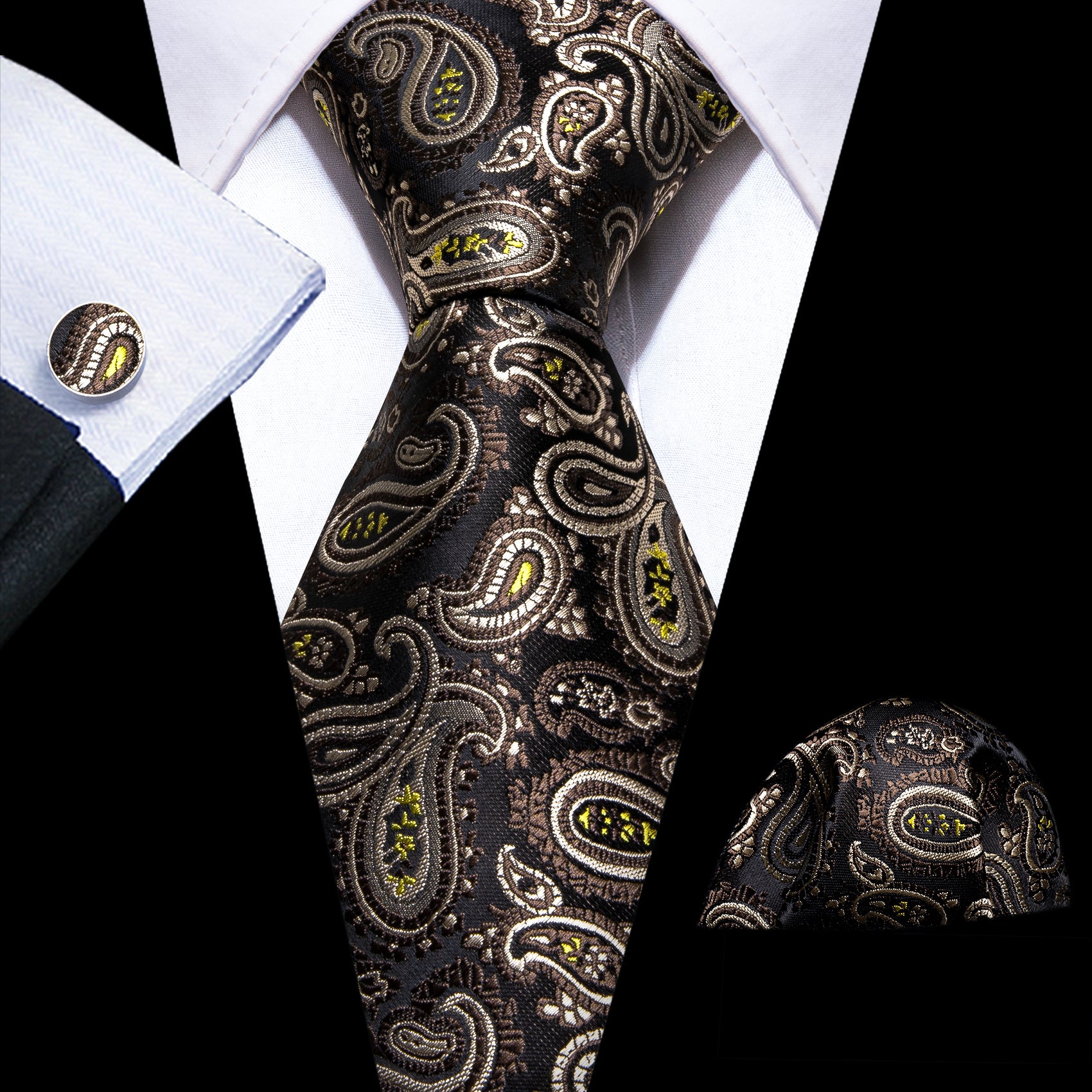 Brown Yellow Paisley Silk Tie Handkerchief Cufflinks Set