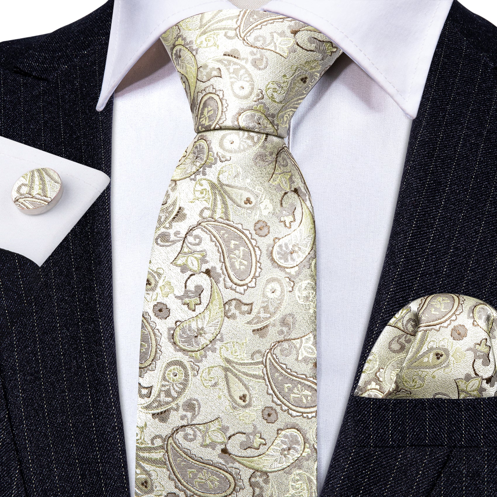 White Paisley Silk Tie Handkerchief Cufflinks Set