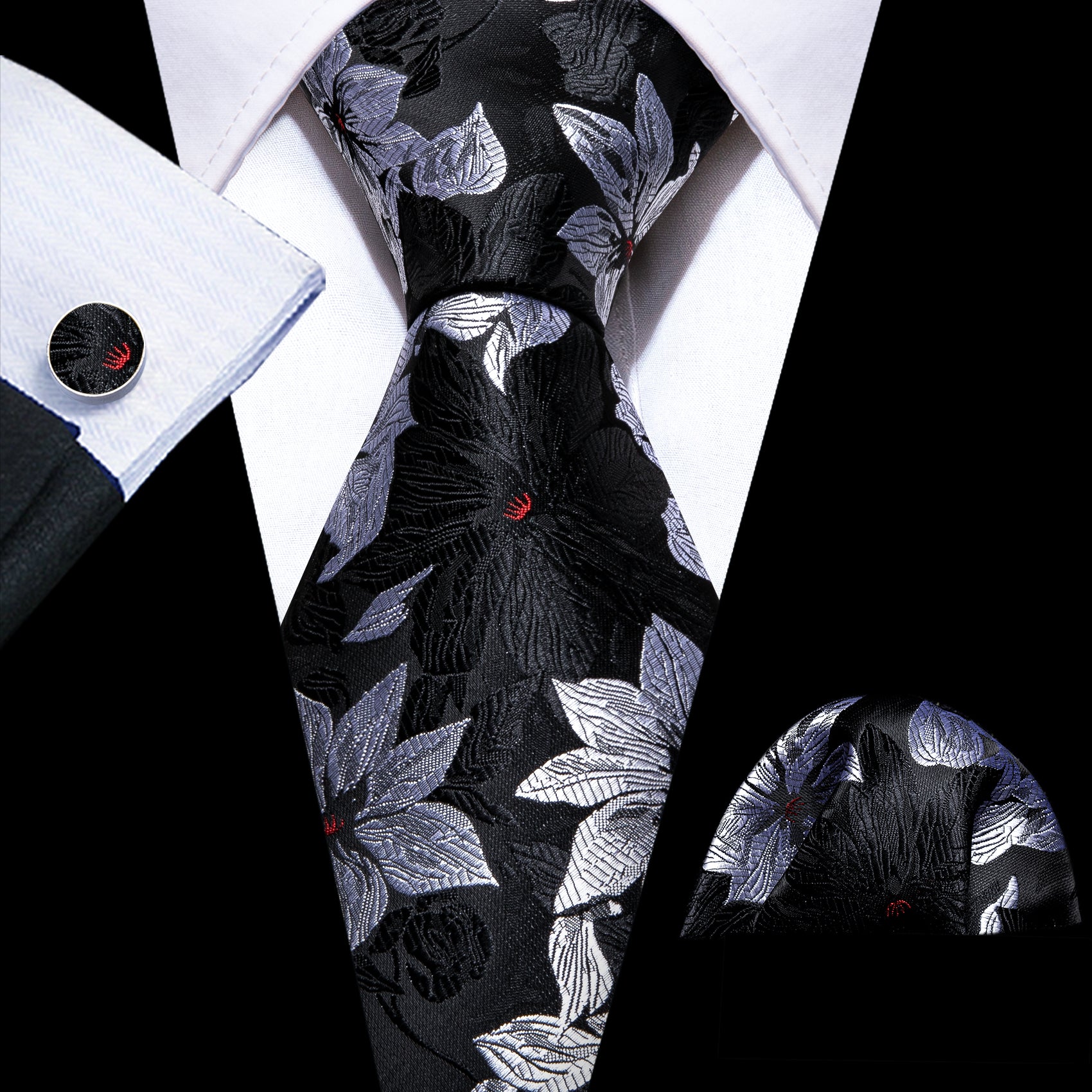 Black Silver Flower Silk Tie Handkerchief Cufflinks Set